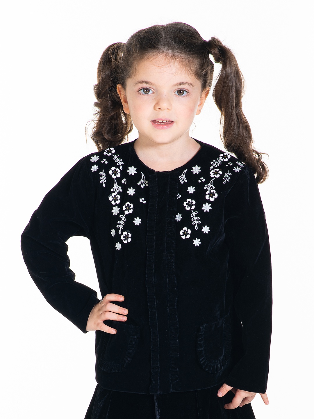 

Cherry Crumble Girls Black Solid Floral Embroidered Coat