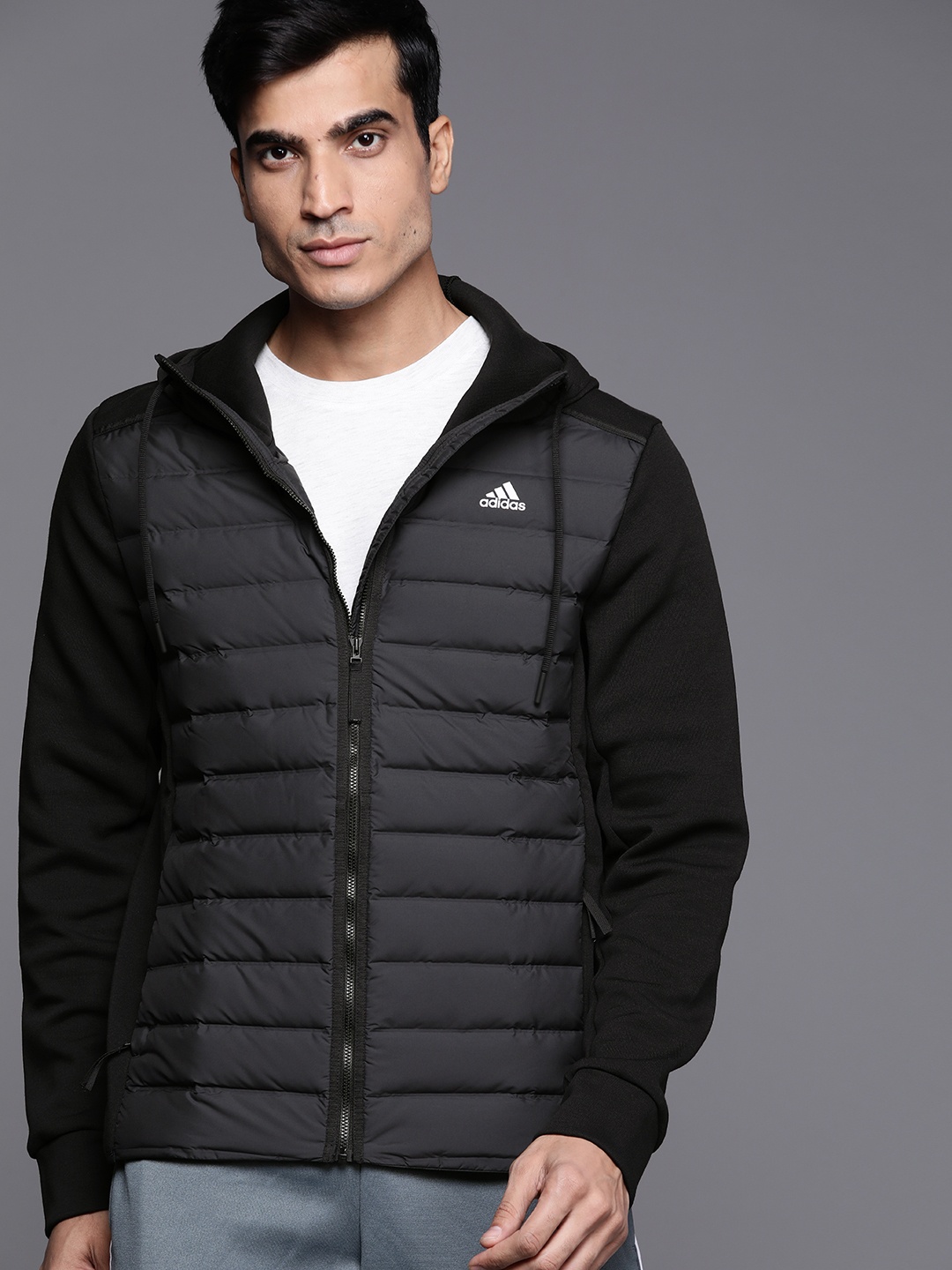 

ADIDAS Men Black Solid Varilite Hybrid Slim Fit Hooded Sporty Jacket