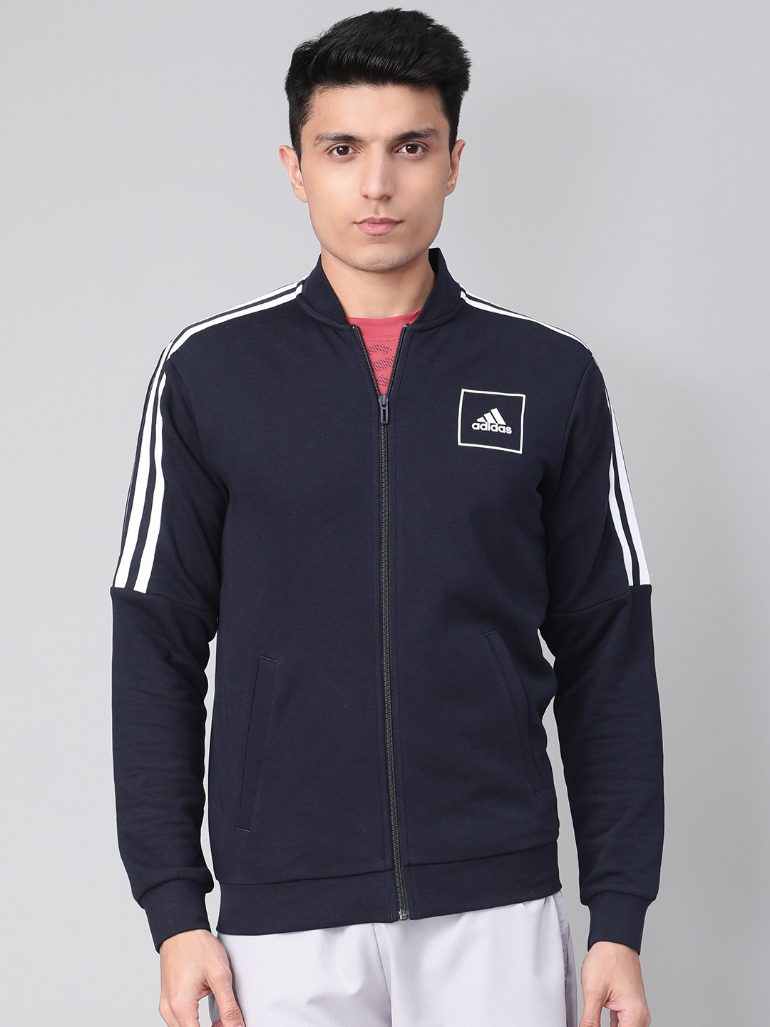 

ADIDAS Men Navy Solid 3 Stripe Detail Sports Bomber Sustainable Jacket, Navy blue