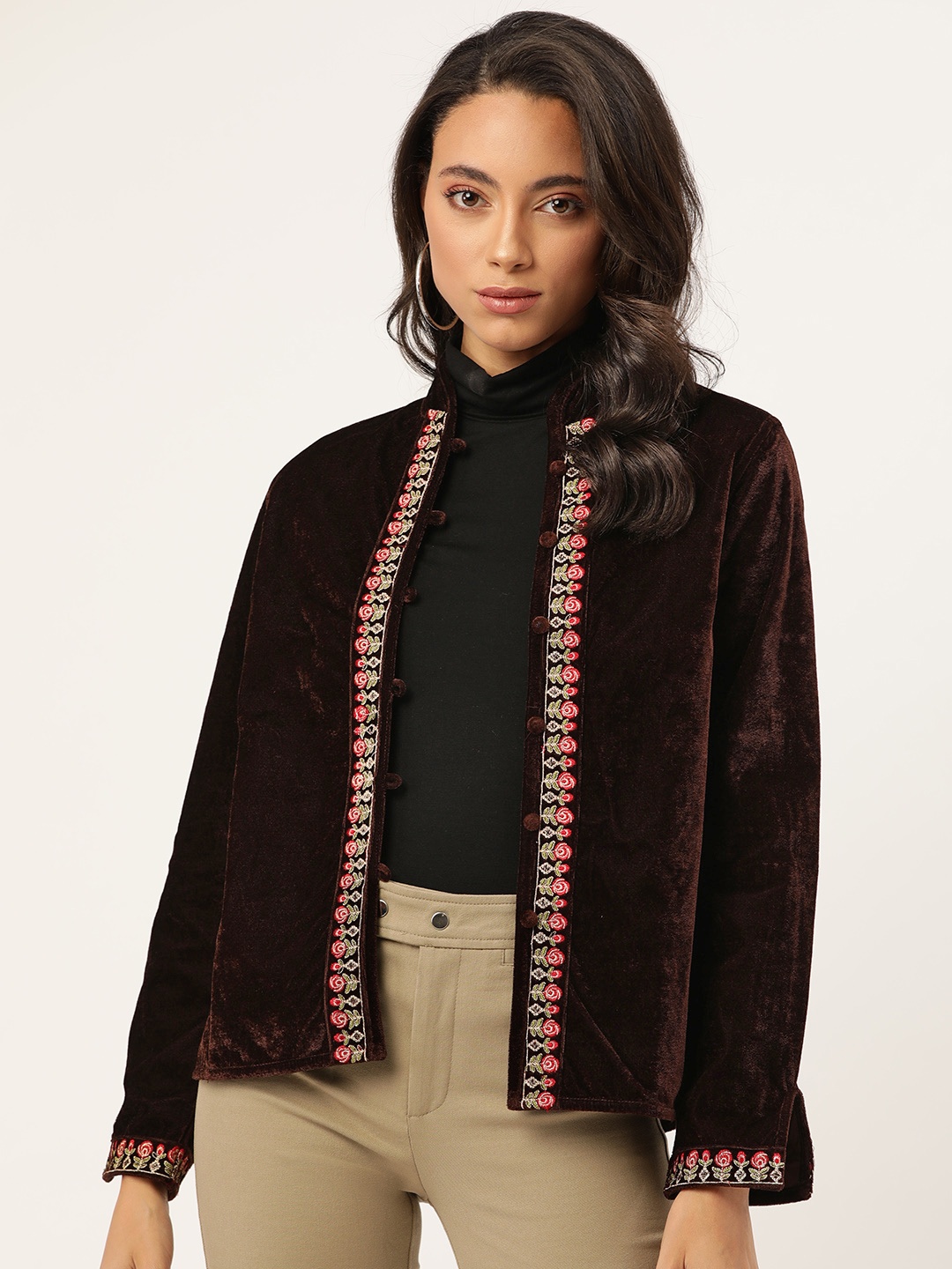 

Shae by SASSAFRAS Women Brown Solid Tailored Jacket with Velvet Finish