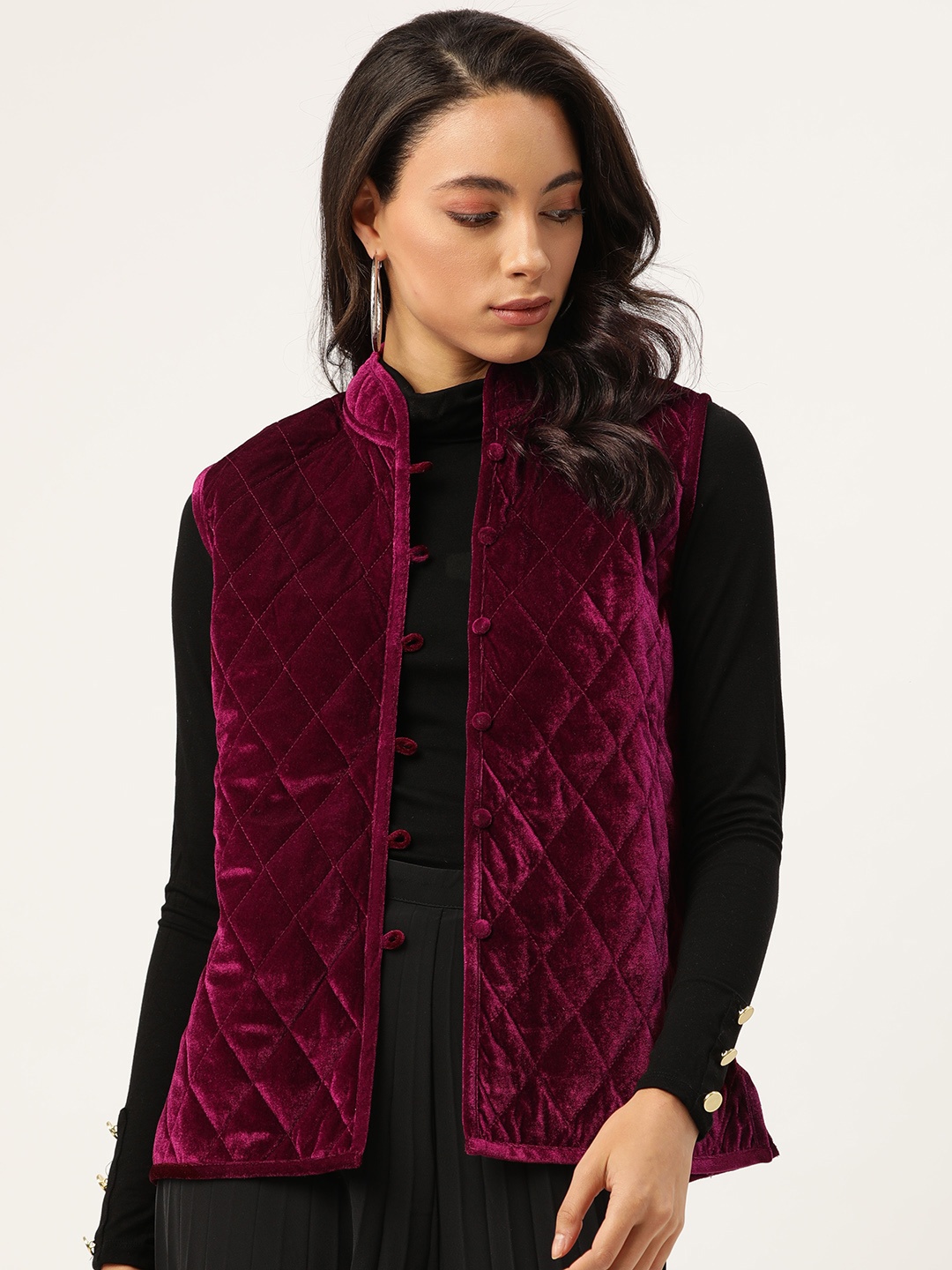 

Shae by SASSAFRAS Women Burgundy Solid Quilted Jacket with Velvet Finish