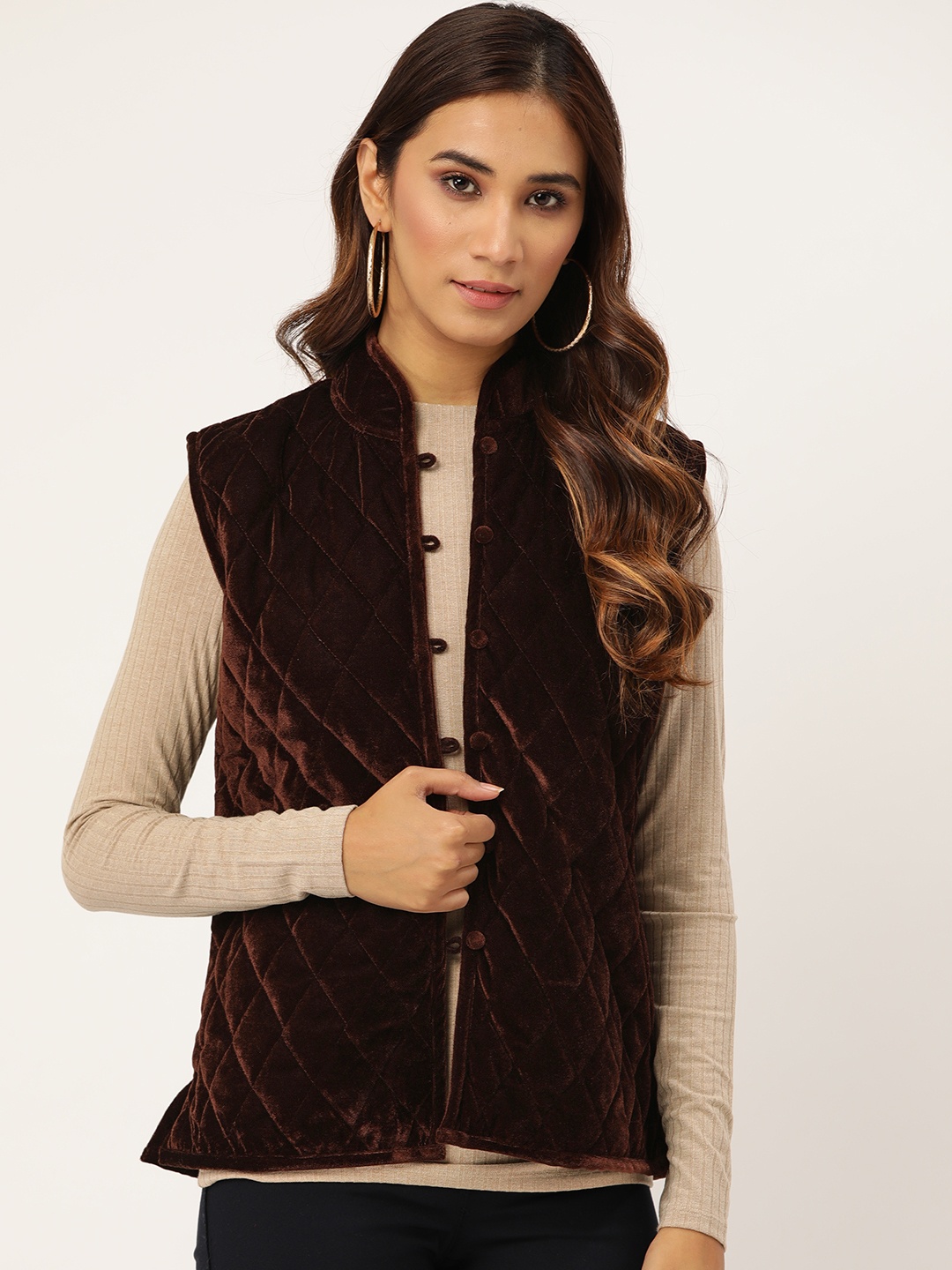 

Shae by SASSAFRAS Women Brown Solid Quilted Jacket with Velvet Finish
