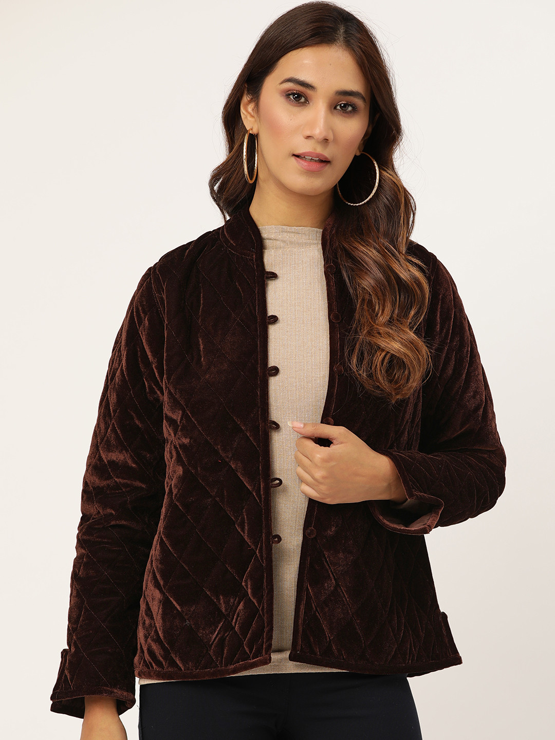

Shae by SASSAFRAS Women Brown Solid Quilted Jacket with Velvet Finish