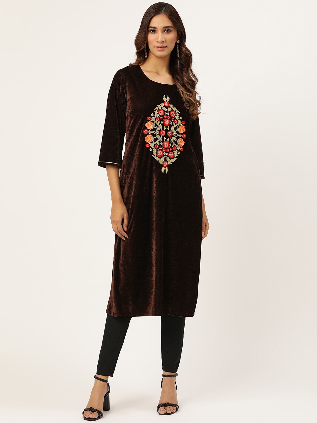 

Shae by SASSAFRAS Women Coffee Brown Zari Embroidered Yoke Velvet Finish Straight Kurta