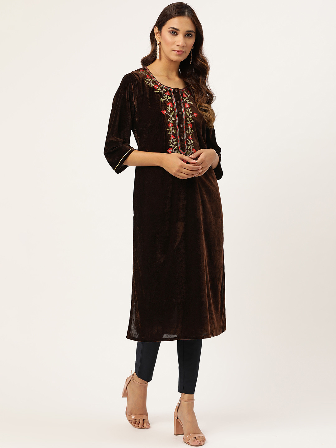 

Shae by SASSAFRAS Women Coffee Brown Zari Embroidered Yoke Velvet Finish Straight Kurta
