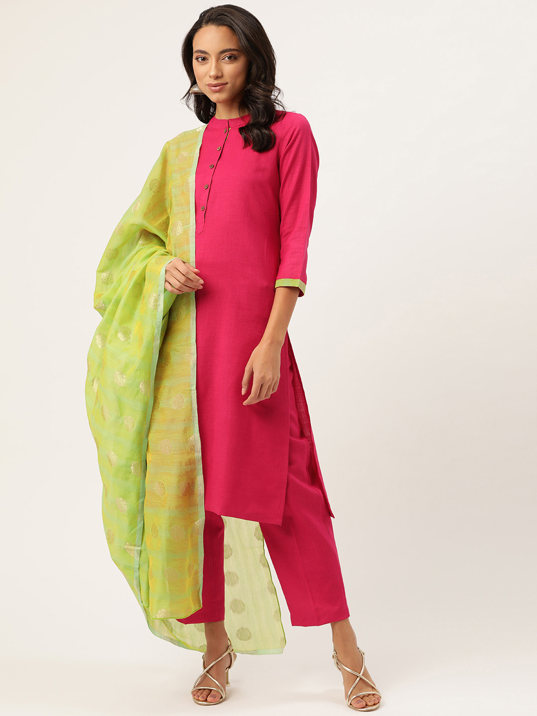

Shae by SASSAFRAS Women Magenta & Lime Green Solid Kurta with Trousers & Dupatta, Fuchsia