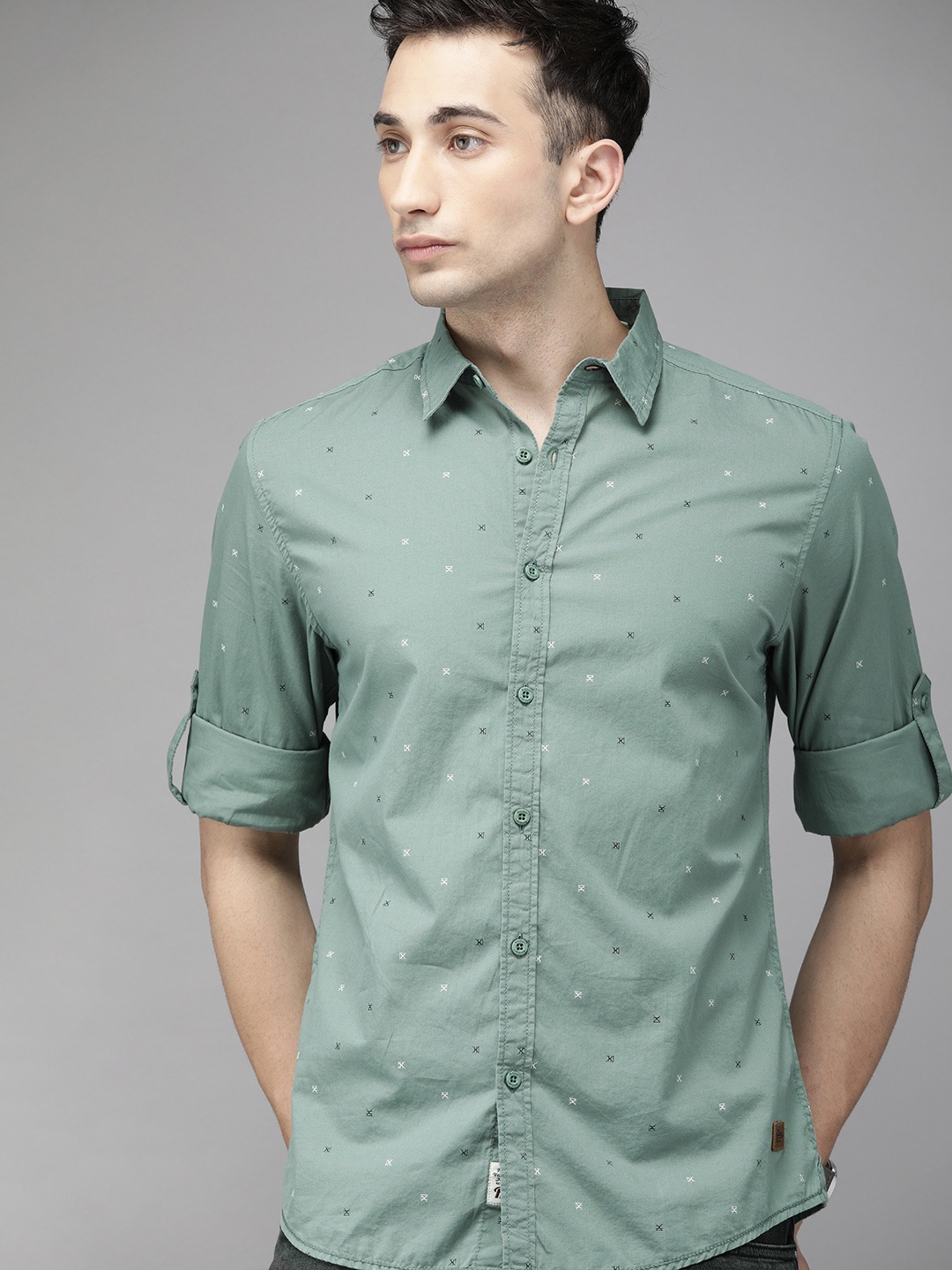 

Roadster Men Green & Black Geometric Print Pure Cotton Sustainable Shirt