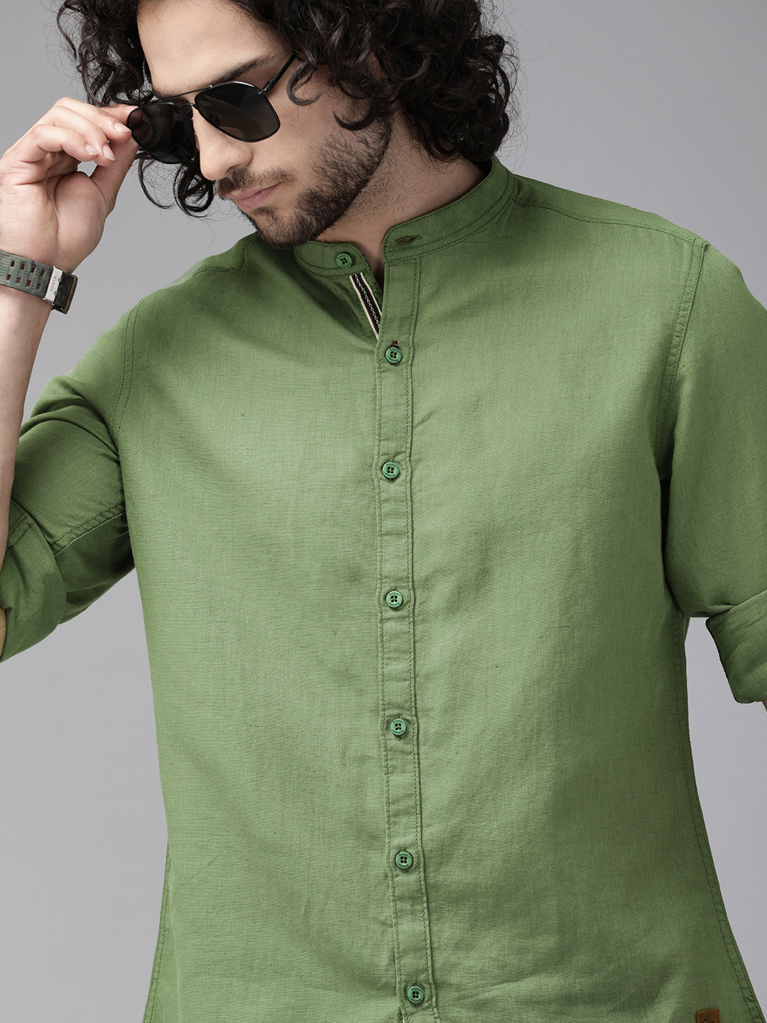 

Roadster Men Green Regular Fit Solid Cotton Linen Casual Shirt