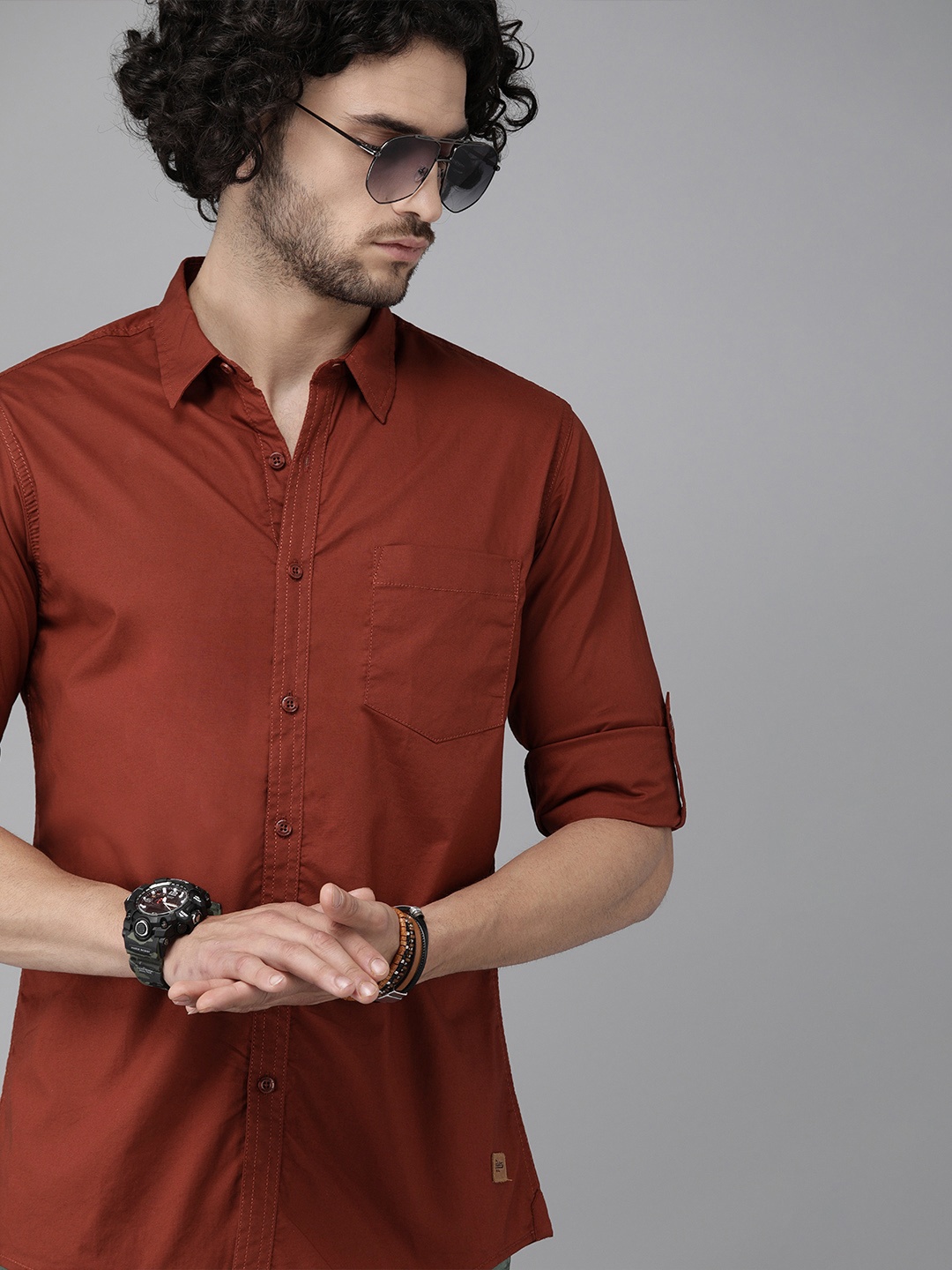 

Roadster Men Rust Slim Fit Solid Sustainable Casual Stretch Shirt