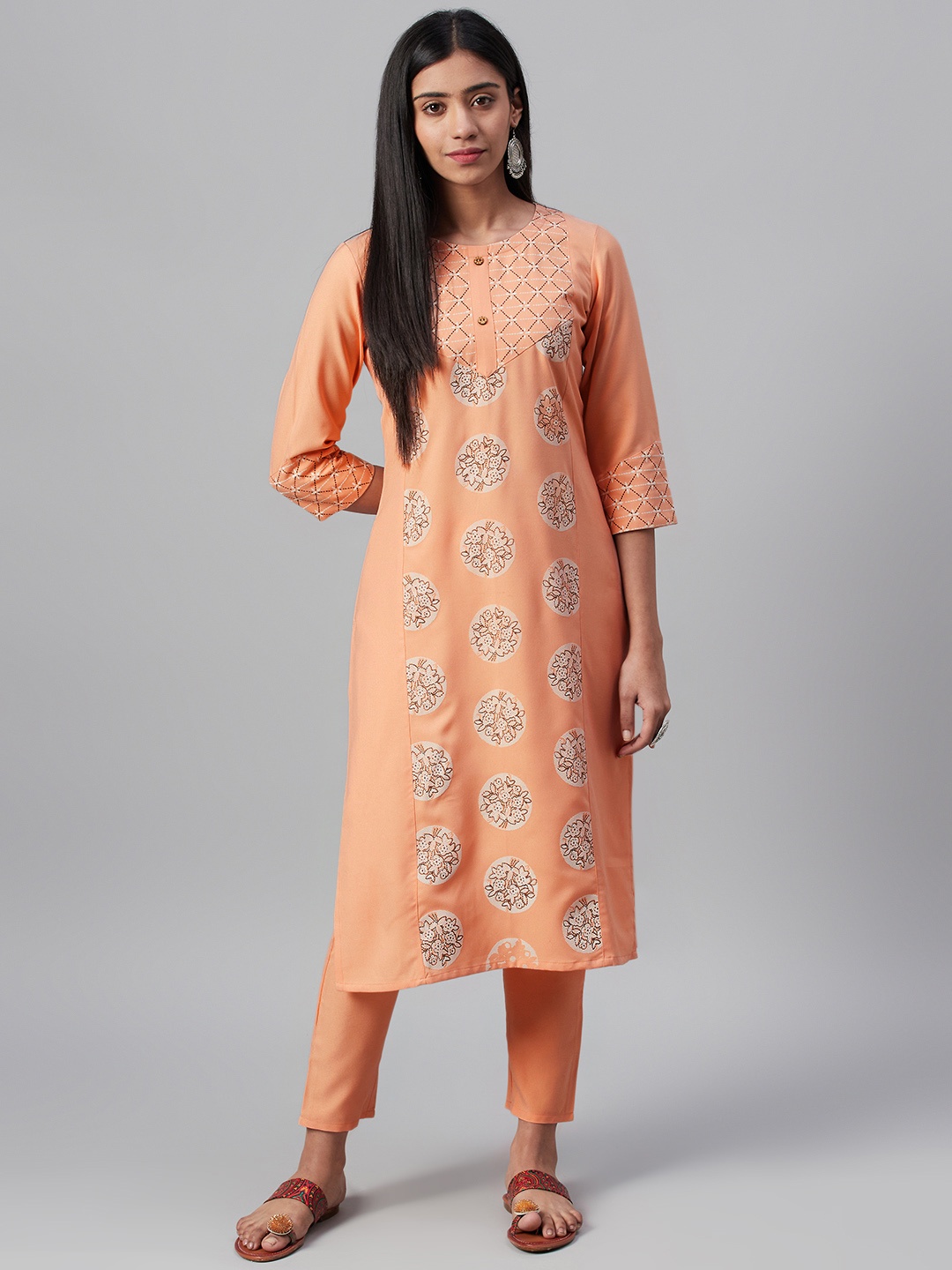 

ZIYAA Women Peach-Coloured & White Khari Print Kurta with Trousers
