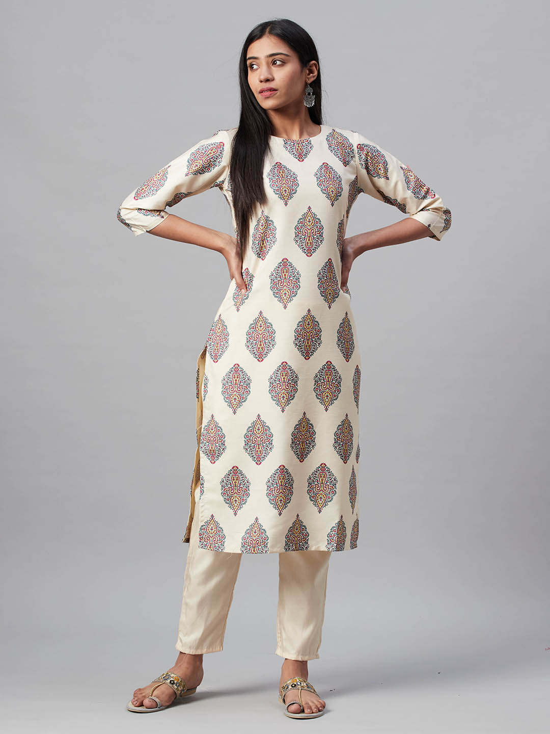 

ZIYAA Women Cream-Coloured & Yellow Screen Print Kurta with Trousers
