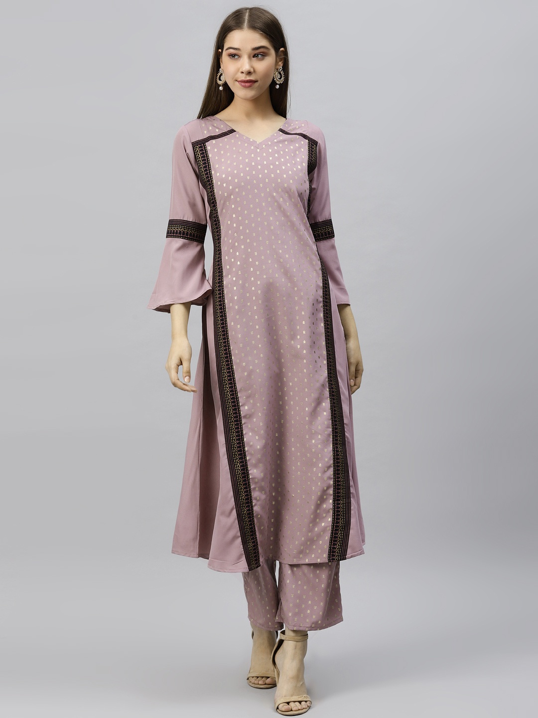 

ZIYAA Women Mauve & Golden Foil Printed Kurta with Palazzos
