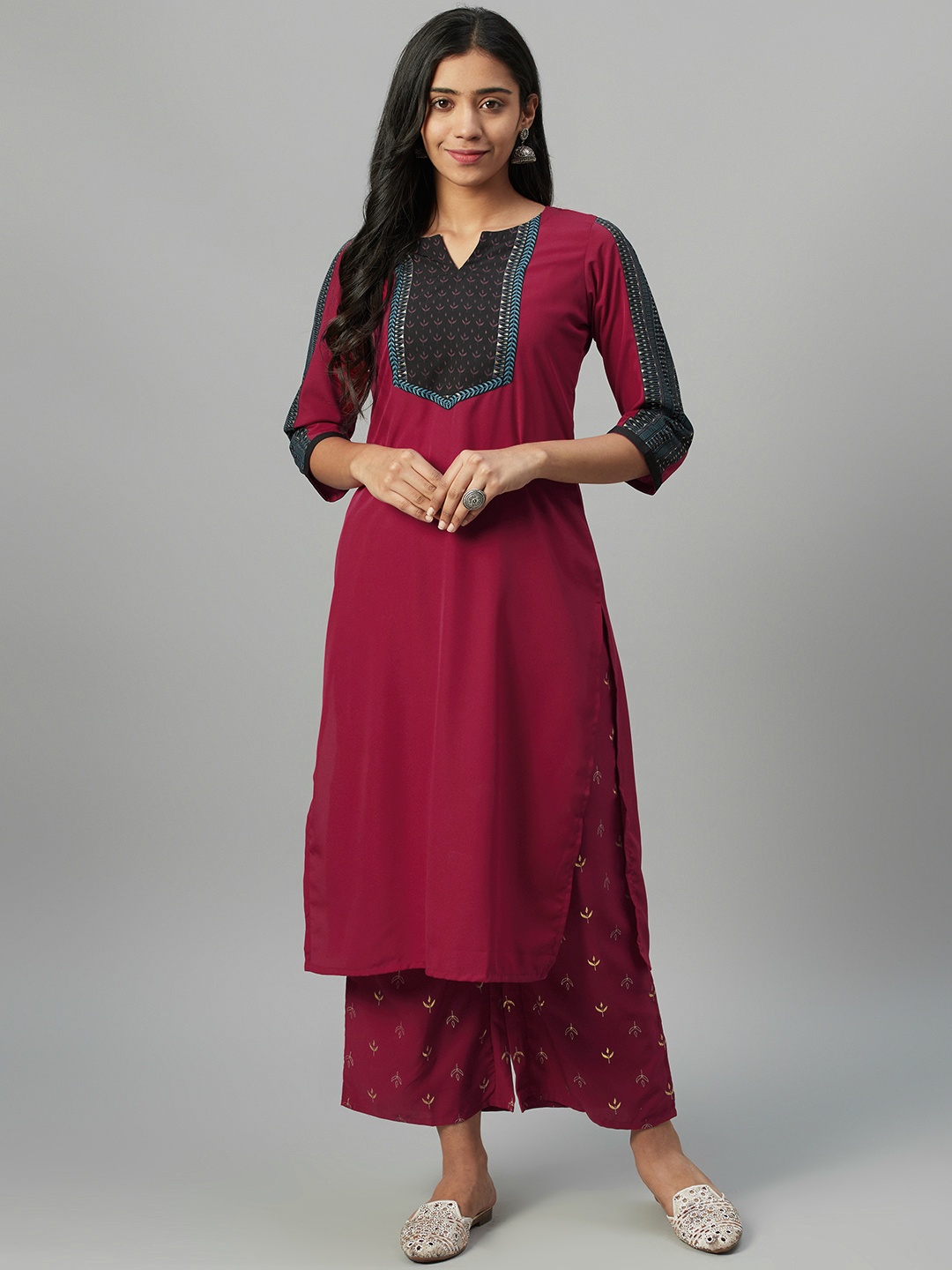 

ZIYAA Women Magenta & Golden Yoke Design Kurta with Palazzos