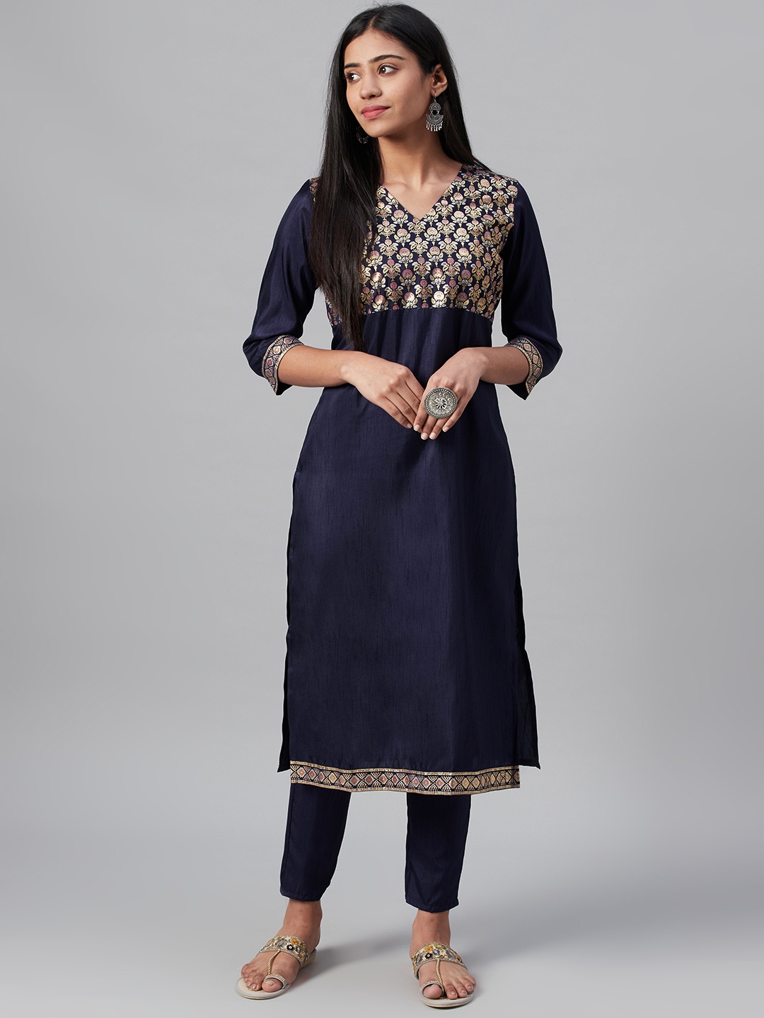 

ZIYAA Women Navy Blue & Golden Foil Yoke Design Kurta with Trousers