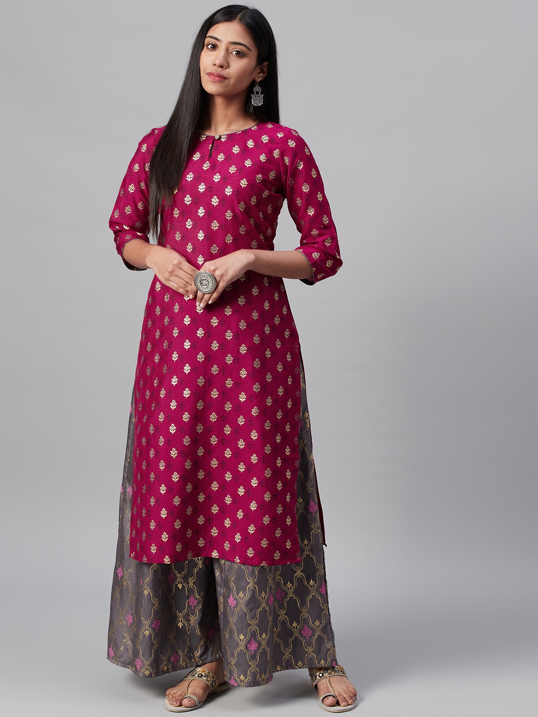 

ZIYAA Women Pink & Charcoal Grey Foil Print Kurta with Palazzos