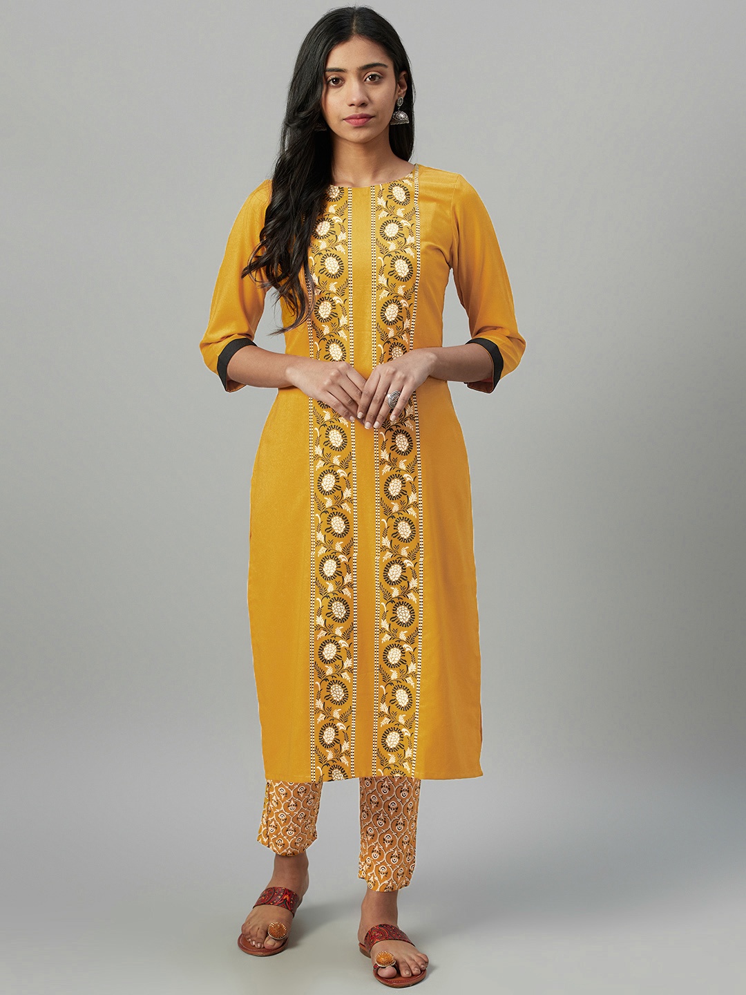 

ZIYAA Women Mustard Yellow & Black Khari Print Kurta with Trousers