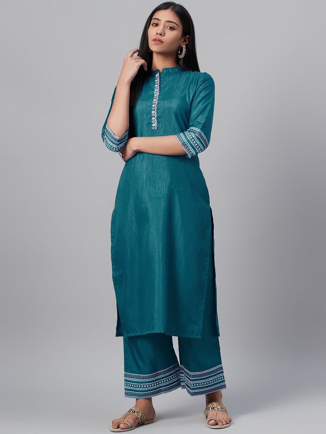 

ZIYAA Women Blue Khari Printed Detail Kurta with Palazzos