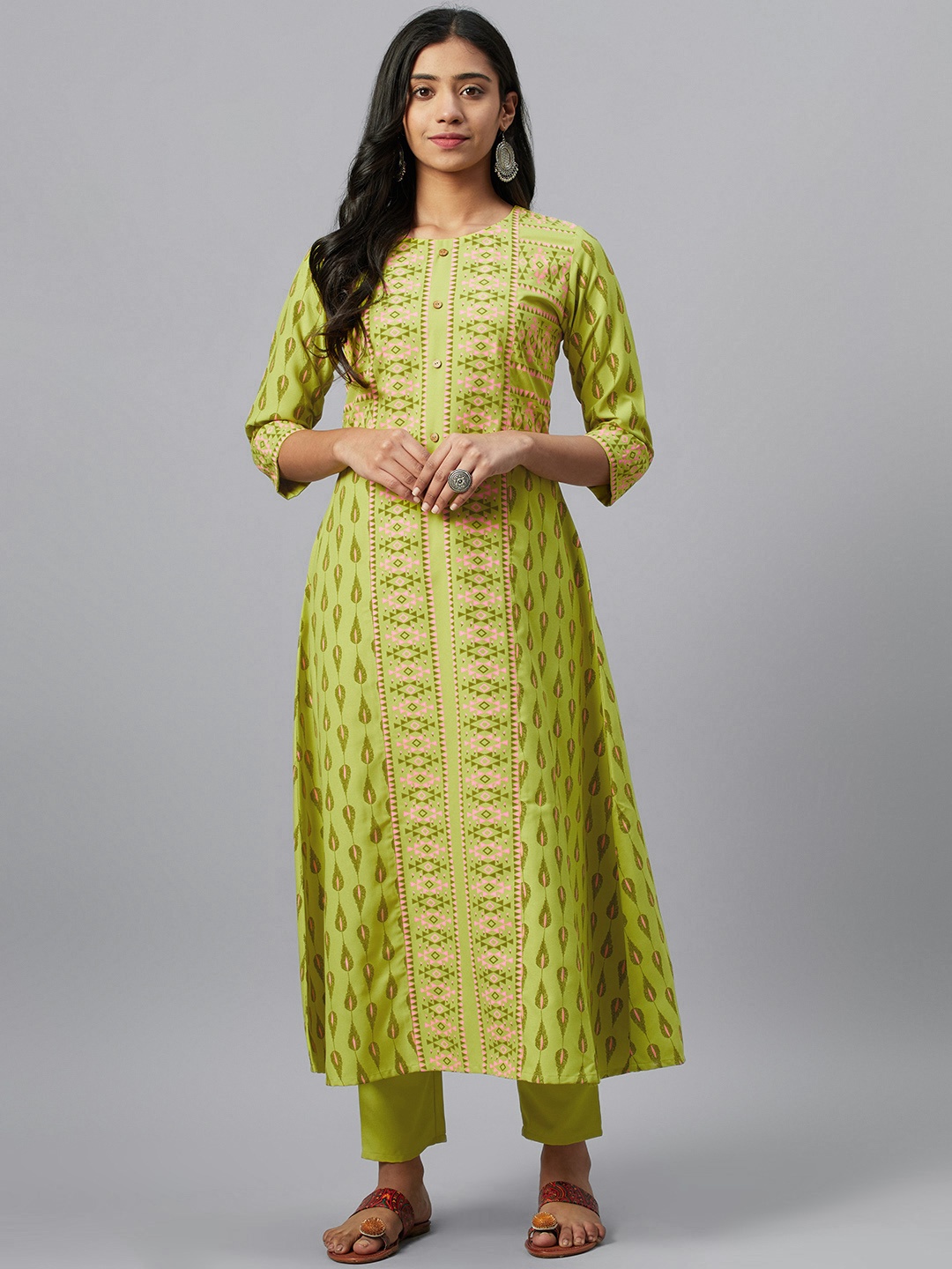

ZIYAA Women Green & Pink Khari Print Kurta with Trousers