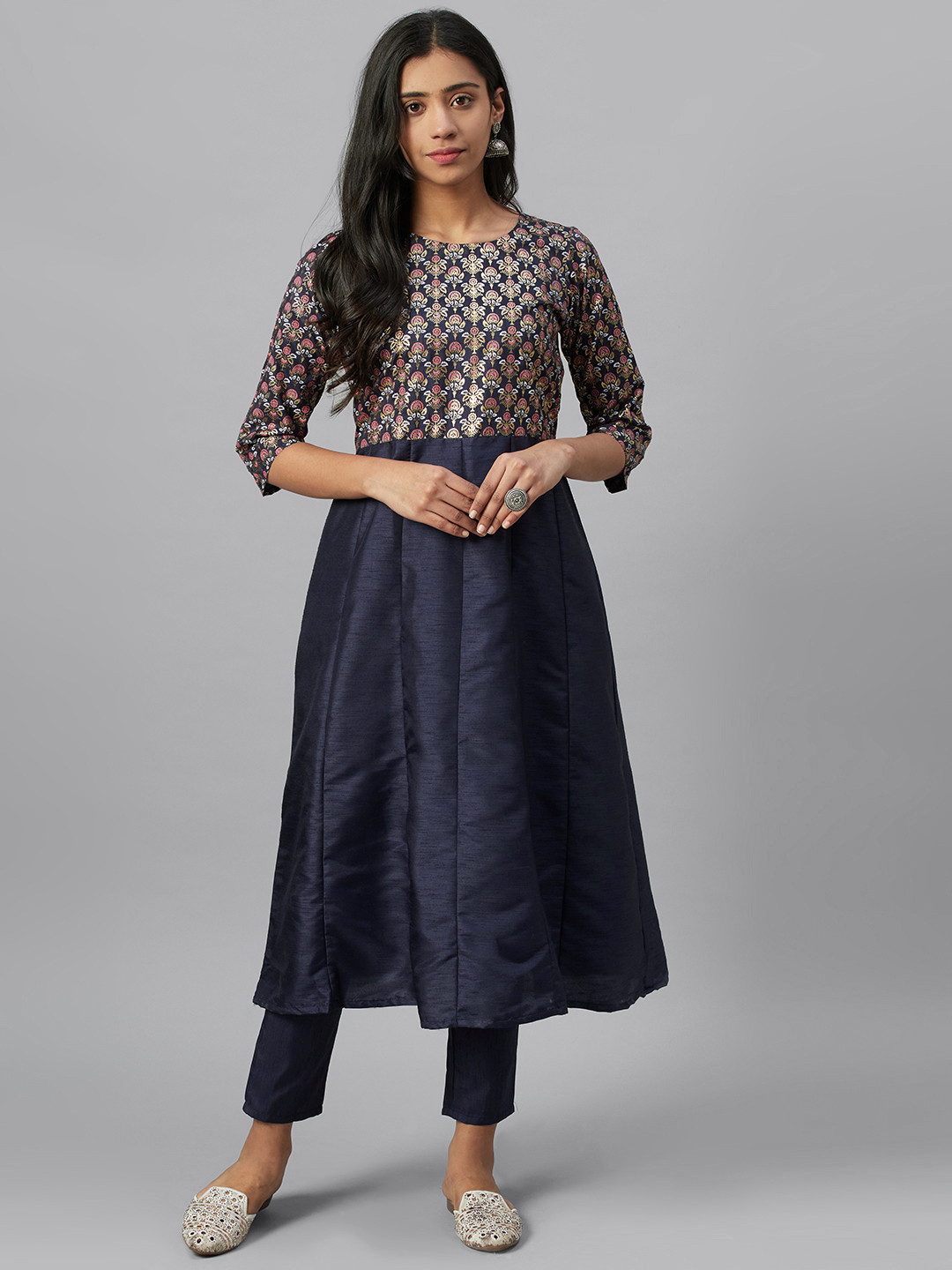 

ZIYAA Women Navy Blue & Golden Yoke Design Kurta with Trousers