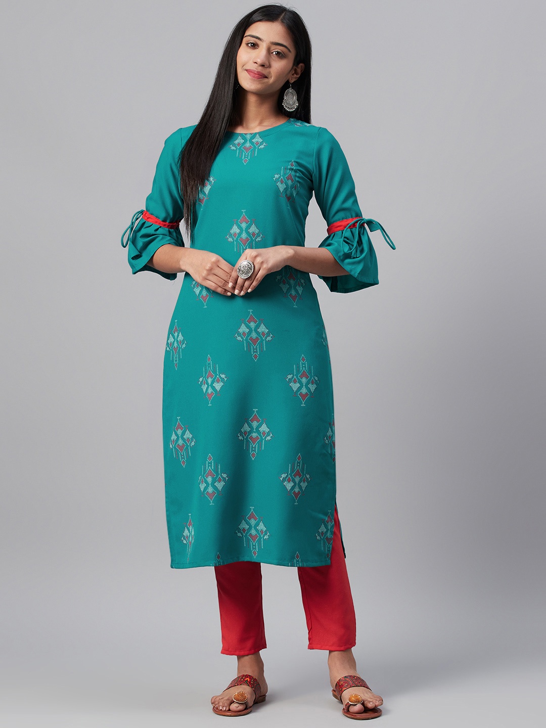 

ZIYAA Women Teal Blue & Coral Red Khari Printed Kurta with Trousers
