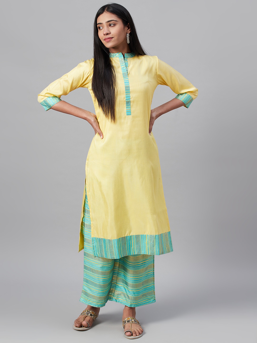 

ZIYAA Women Yellow & Sea Green Solid Kurta with Palazzos