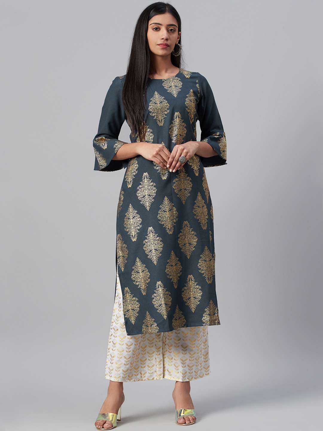 

ZIYAA Women Navy Blue & Off-White Ethnic Foil Printed Kurta with Palazzos