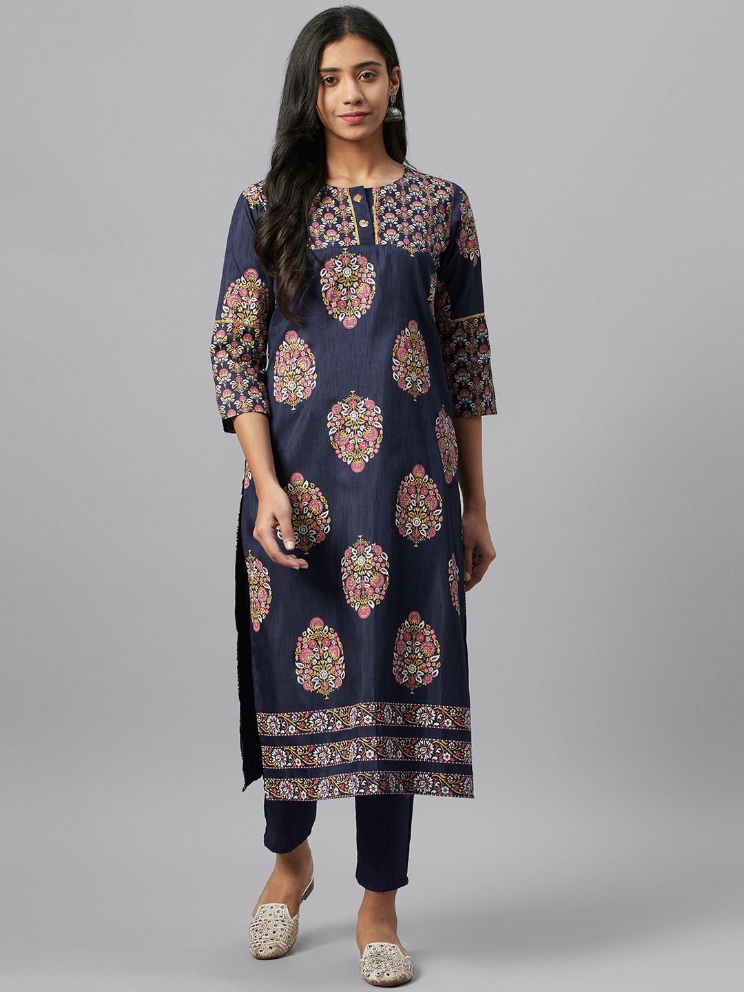 

ZIYAA Women Navy Blue & Pink Khari Print Kurta with Trousers