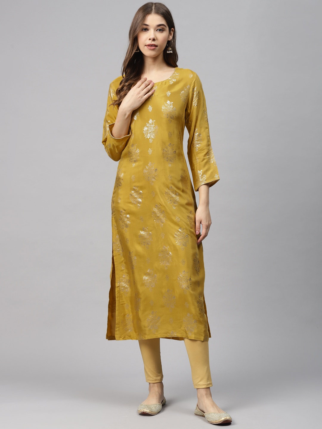 

Biba Women Mustard Brown & Golden Printed Straight Kurta