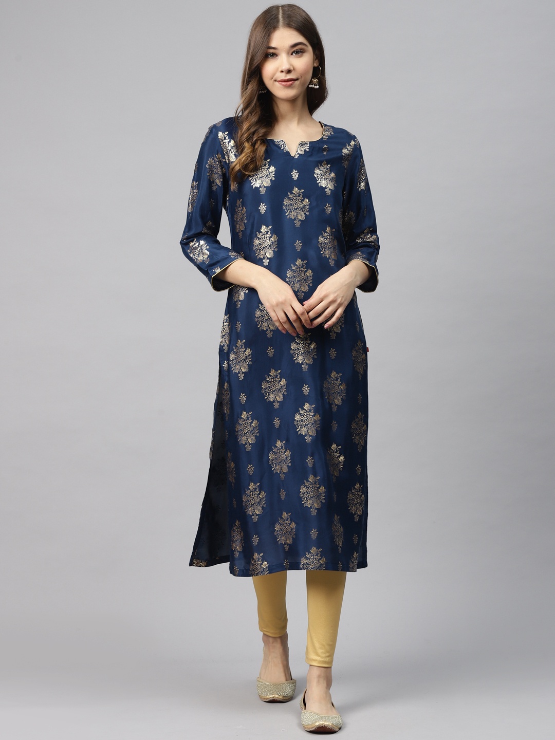 

Biba Women Navy Blue & Golden Printed Straight Kurta