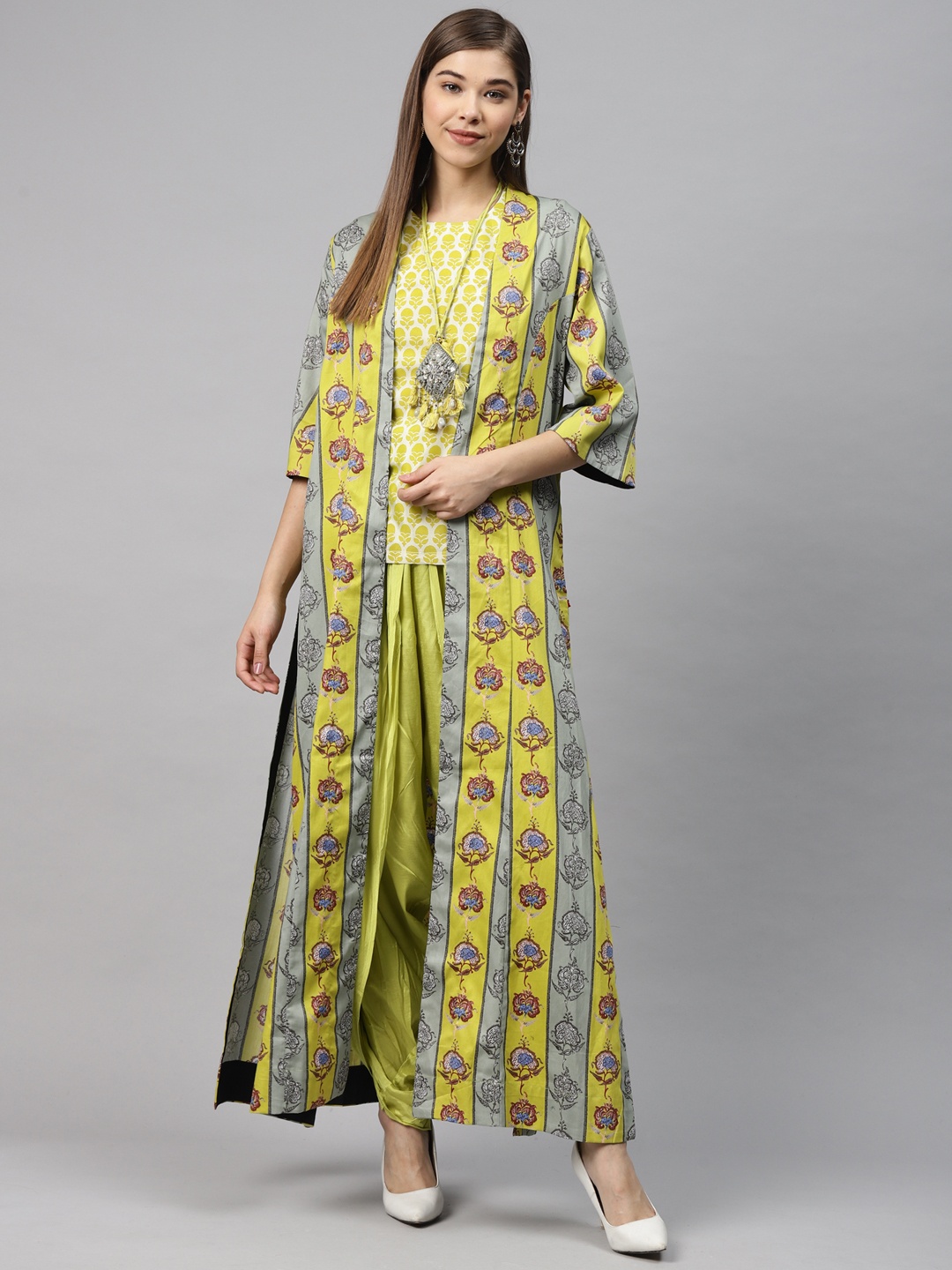 

Biba Women Lime Green & White Printed Kurta with Dhoti Pants & Ethnic Jacket