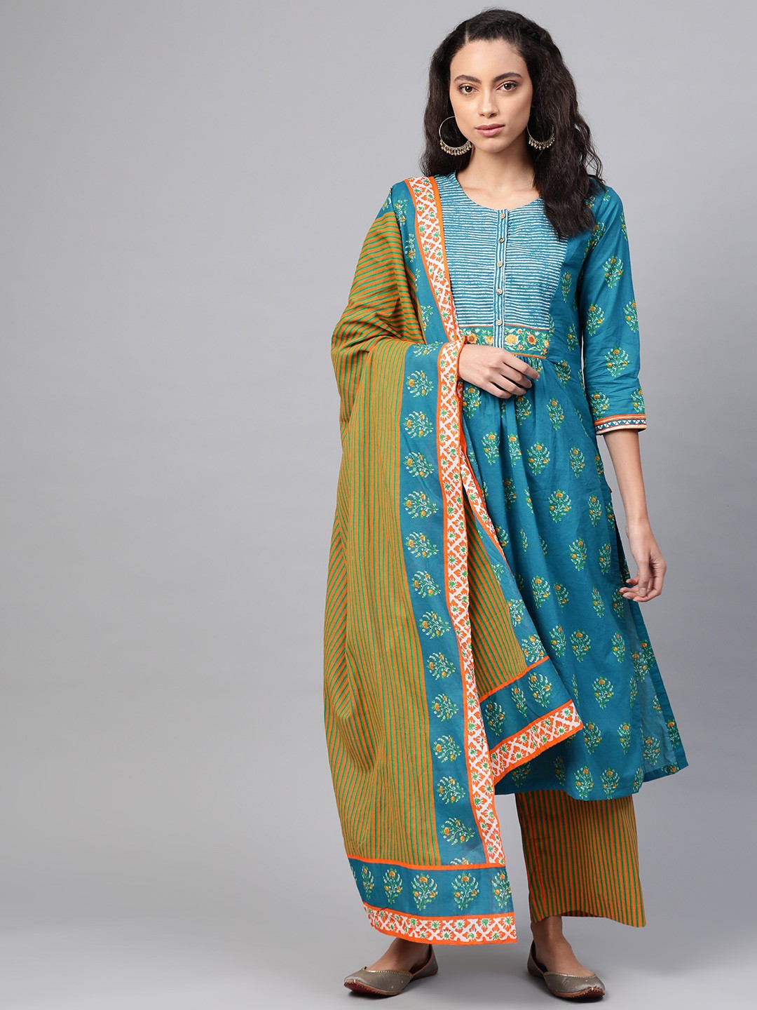

Biba Teal Green & Orange Pure Cotton Ethnic Printed Kurta with Striped Palazzos & Dupatta