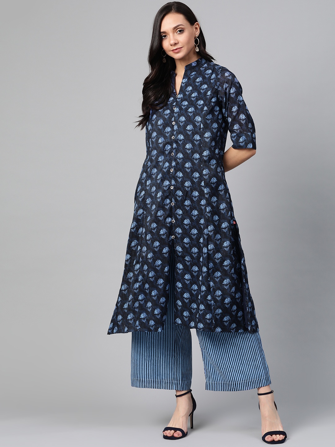 

Biba Women Navy Blue Floral Printed Kurta with Palazzos