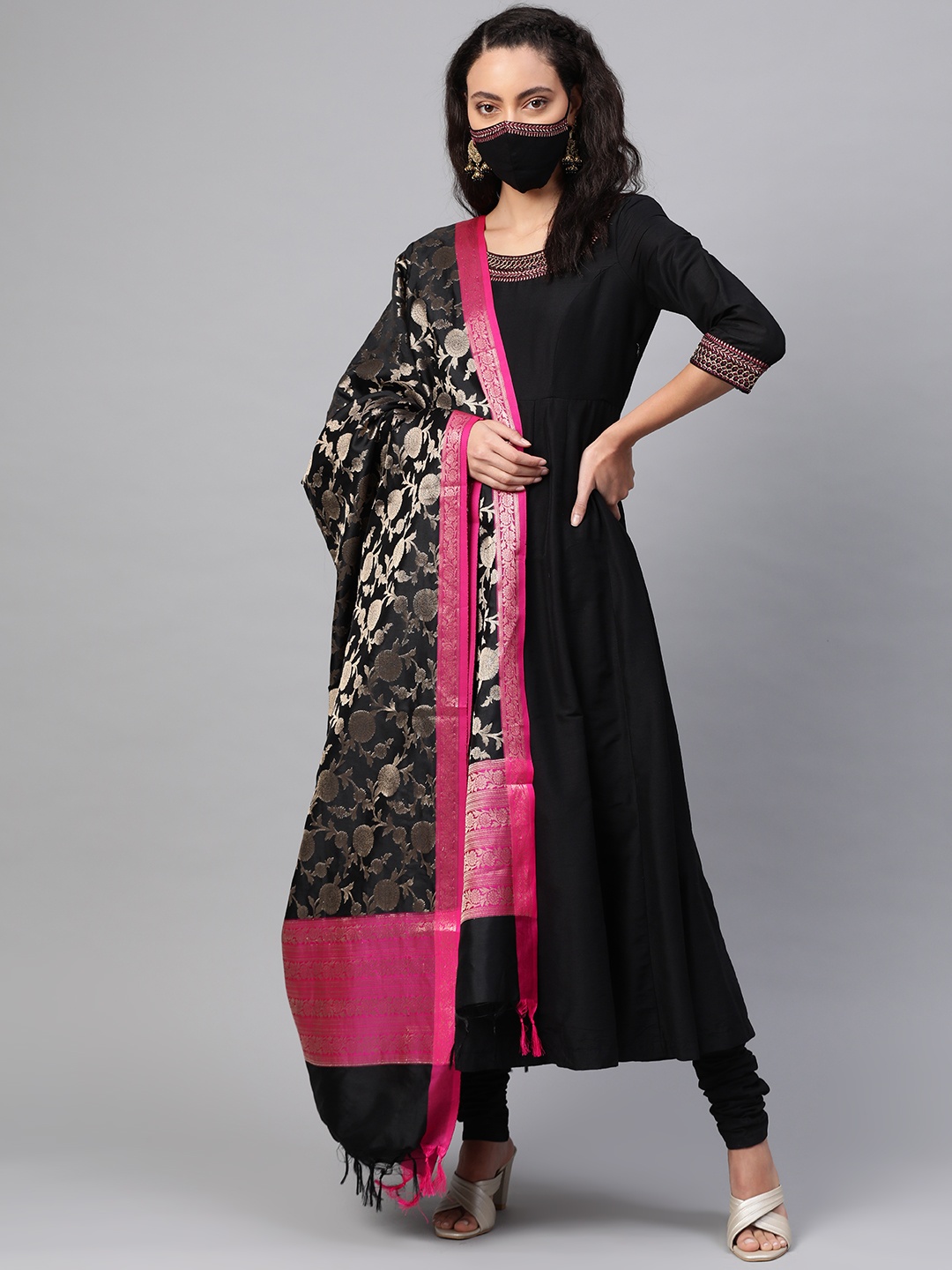 

Biba Women Black Golden Yoke Design Anarkali Kurta Set