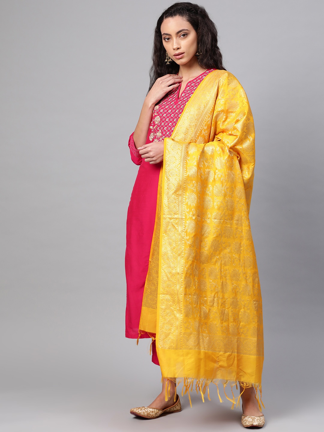 

Biba Women Pink & Yellow Yoke Design Kurta with Trousers & Dupatta