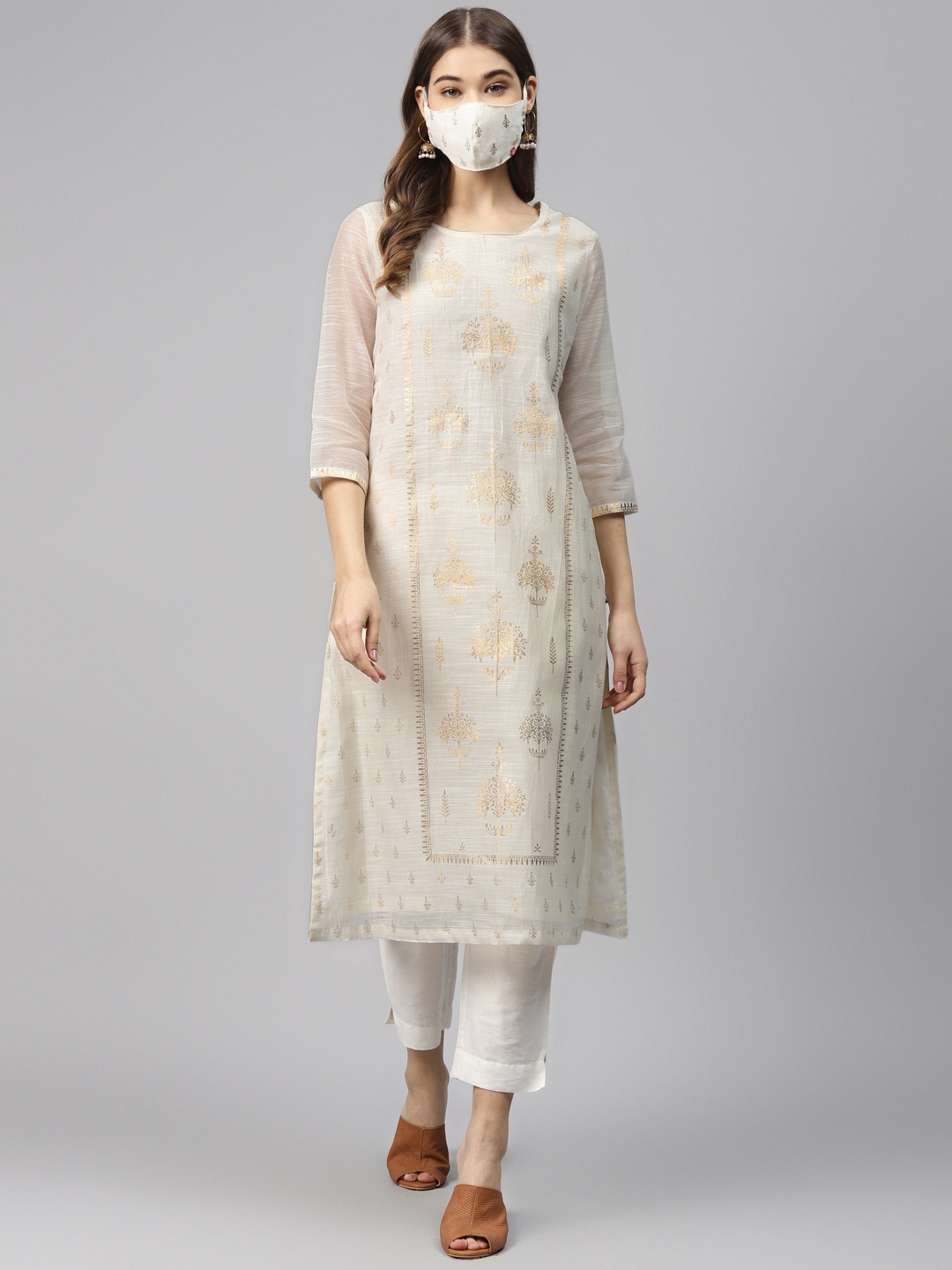 

Biba Women Off-White Golden Ethnic Print Straight Kurta