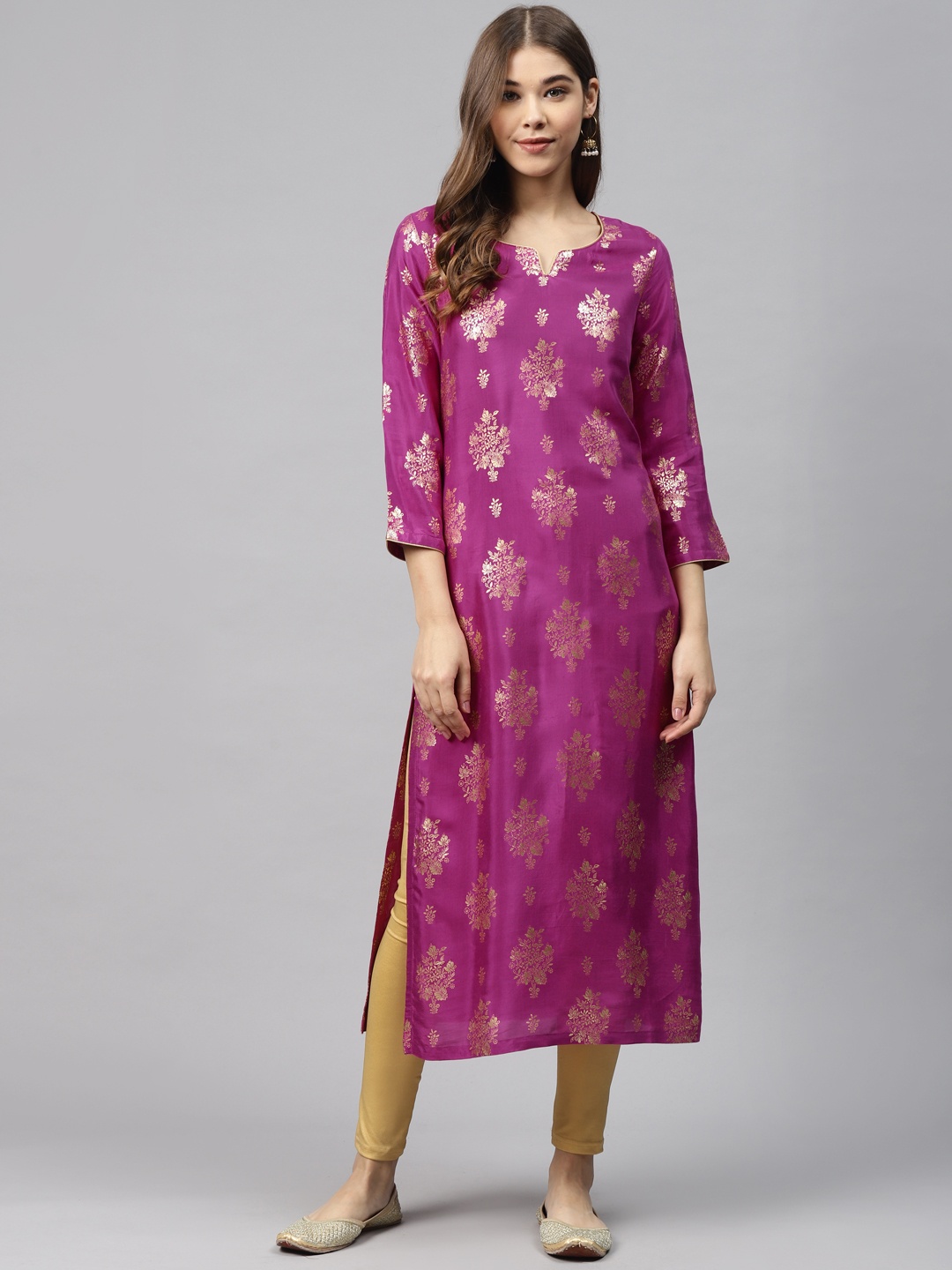 

Biba Women Magenta & Golden Printed Straight Kurta