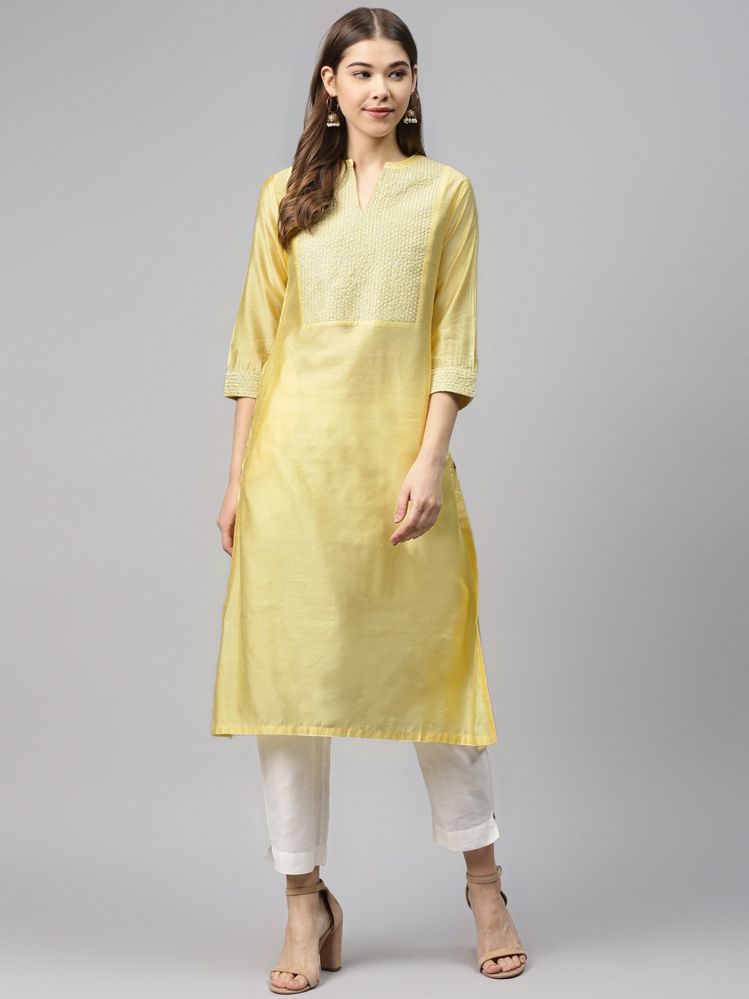 

Biba Women Yellow Yoke Design Straight Kurta
