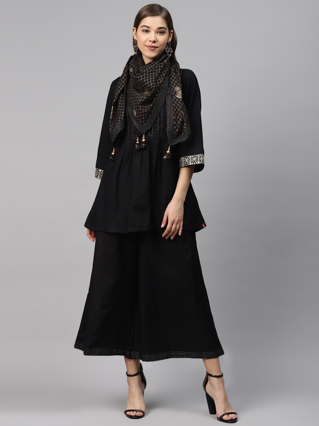 

Biba Women Black & Golden Pleated Yoke Design Kurti with Palazzos & Stoles