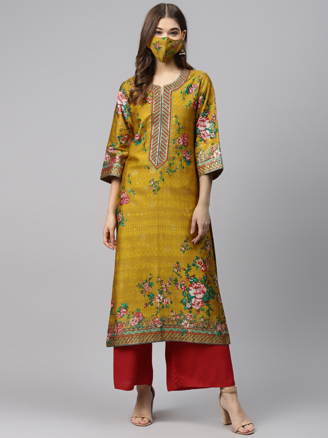 

Biba Women Mustard Yellow & Green Hand Painted Floral Print Straight Kurta