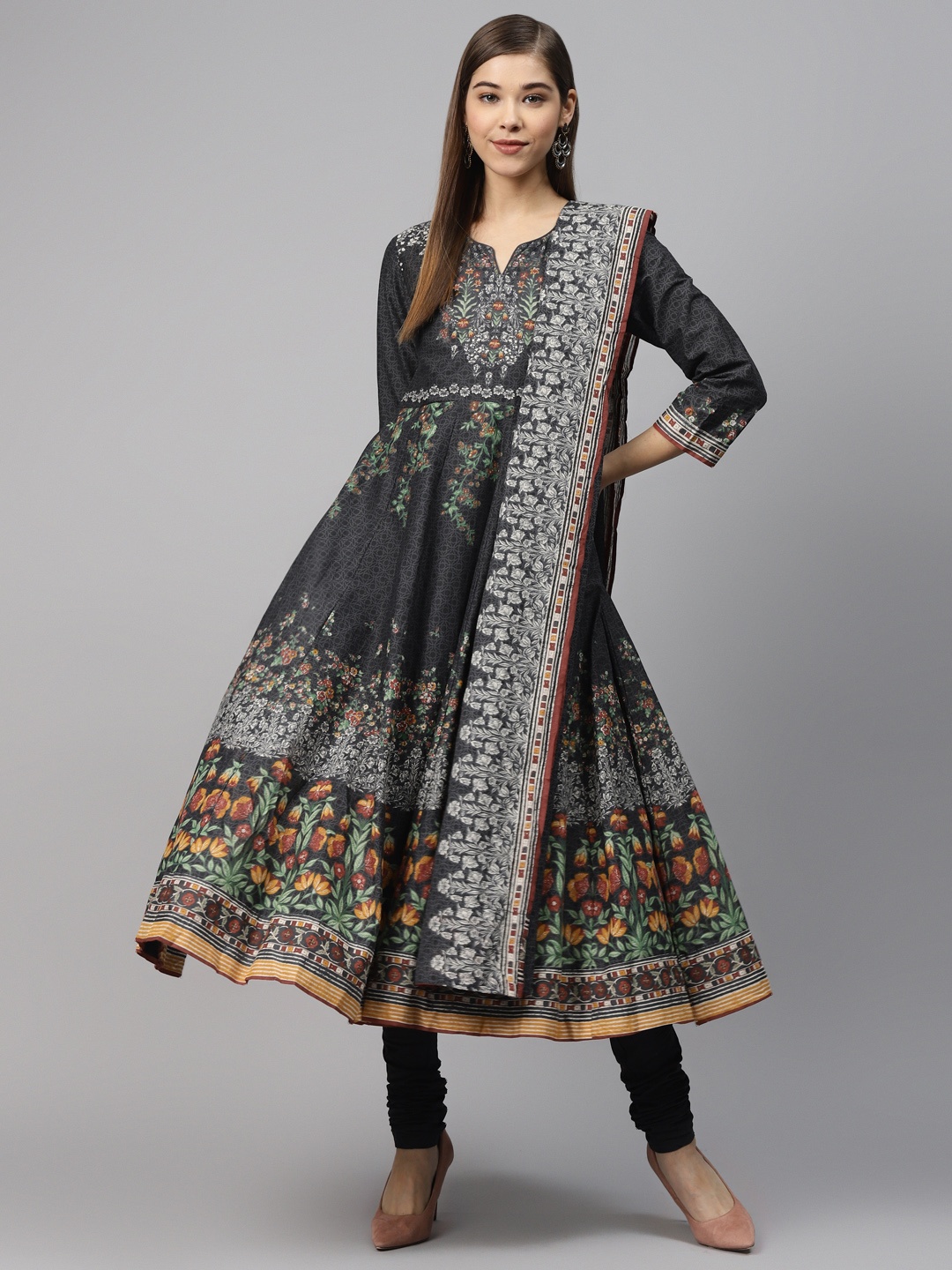 

Biba Women Charcoal Grey & Off-White Printed Kurta with Churidar & Dupatta