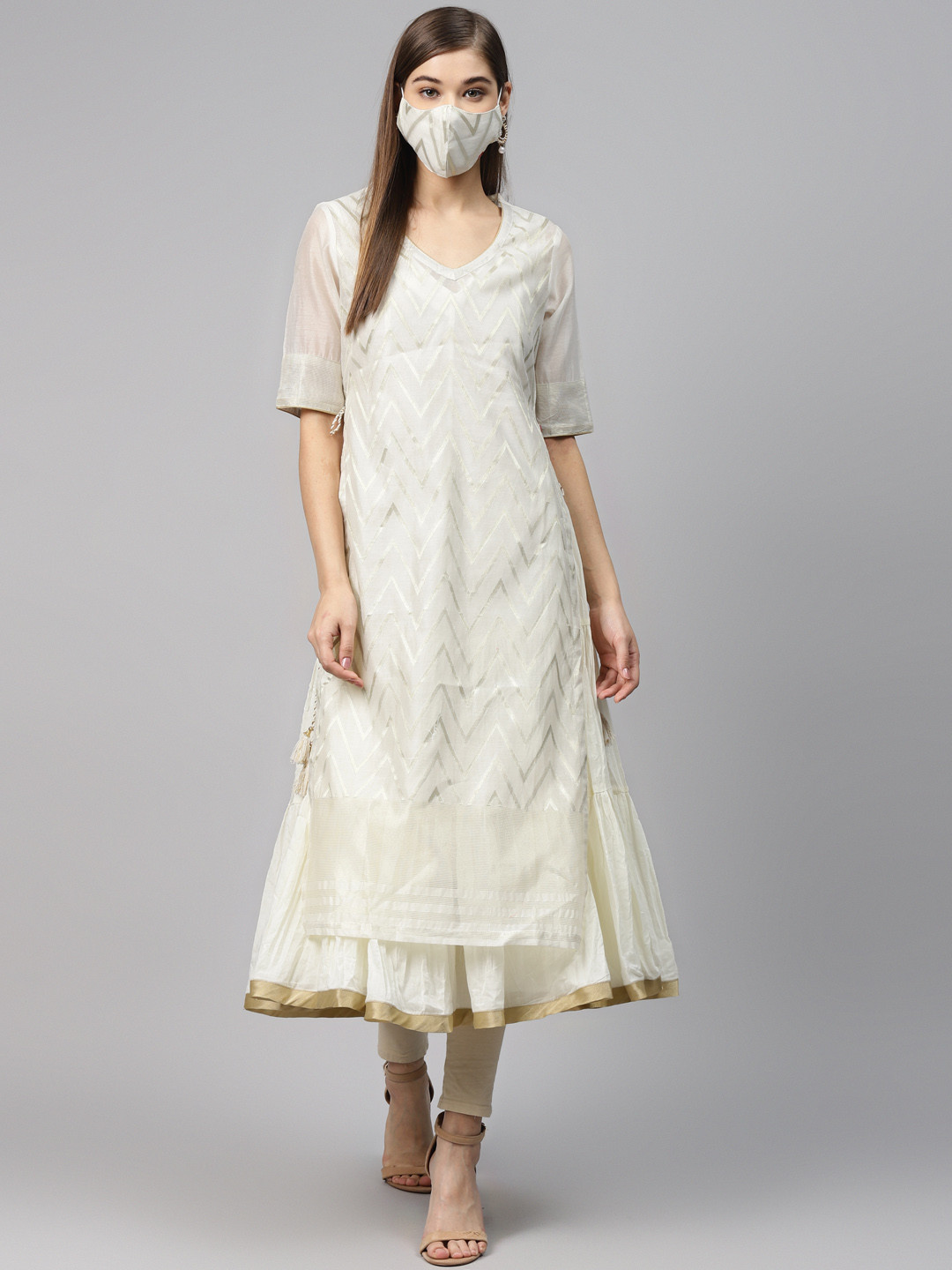 

Biba Women Off-White Golden Woven Design Layered A-Line Kurta