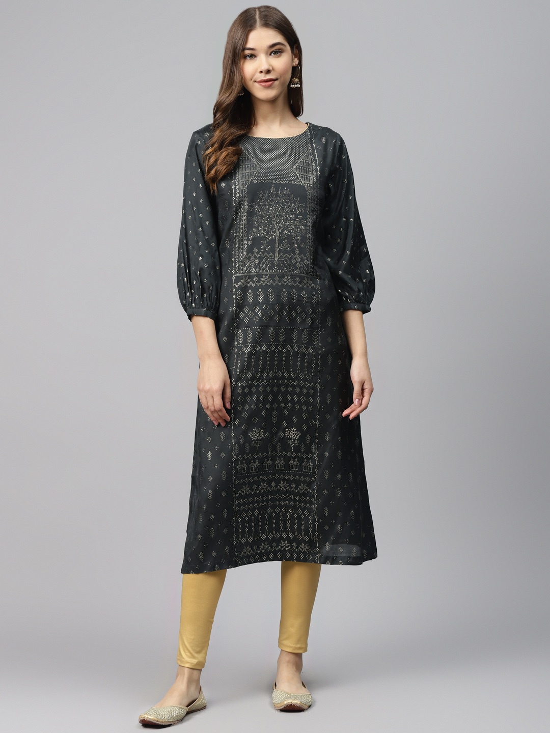 

Biba Women Black & Golden Printed Straight Kurta