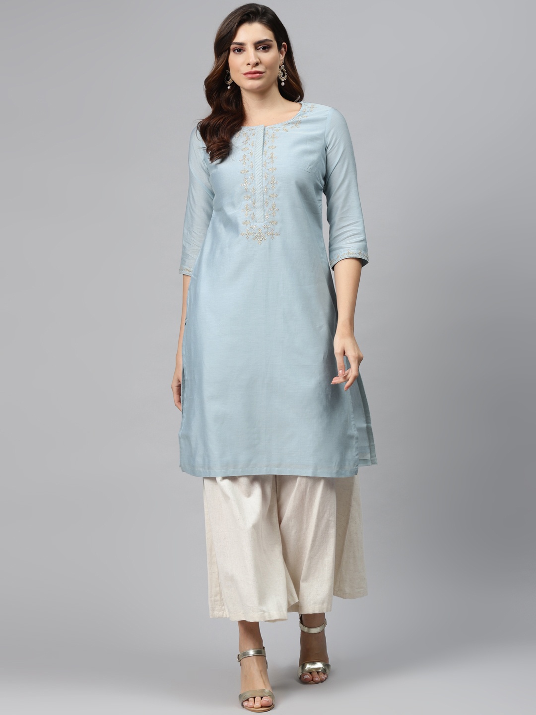 

Biba Women Blue Tepchi Embroidered Yoke Design Straight Kurta