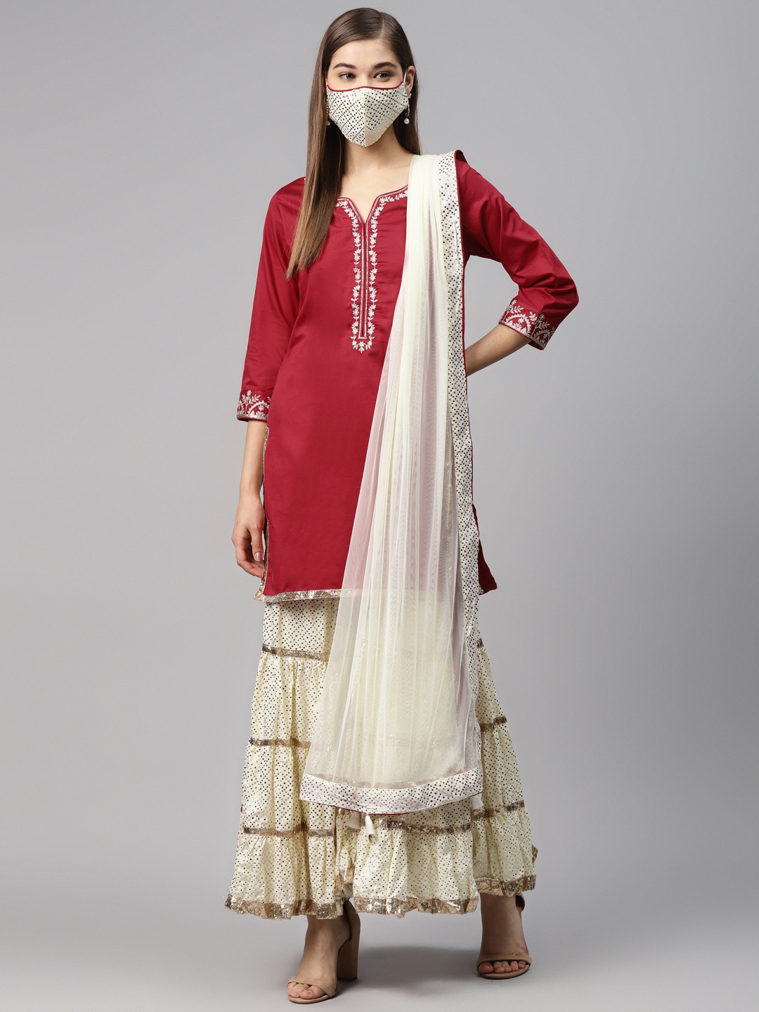 

Biba Women Pink & Cream-Coloured Solid Kurta with Sharara & Dupatta