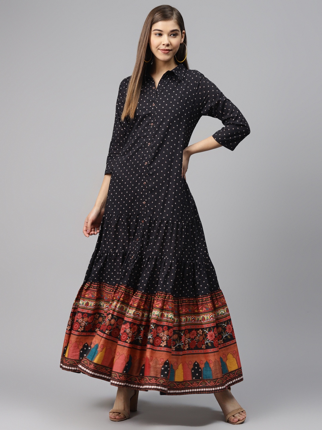 

Biba Black & Orange Geometric Printed Tiered Maxi Dress