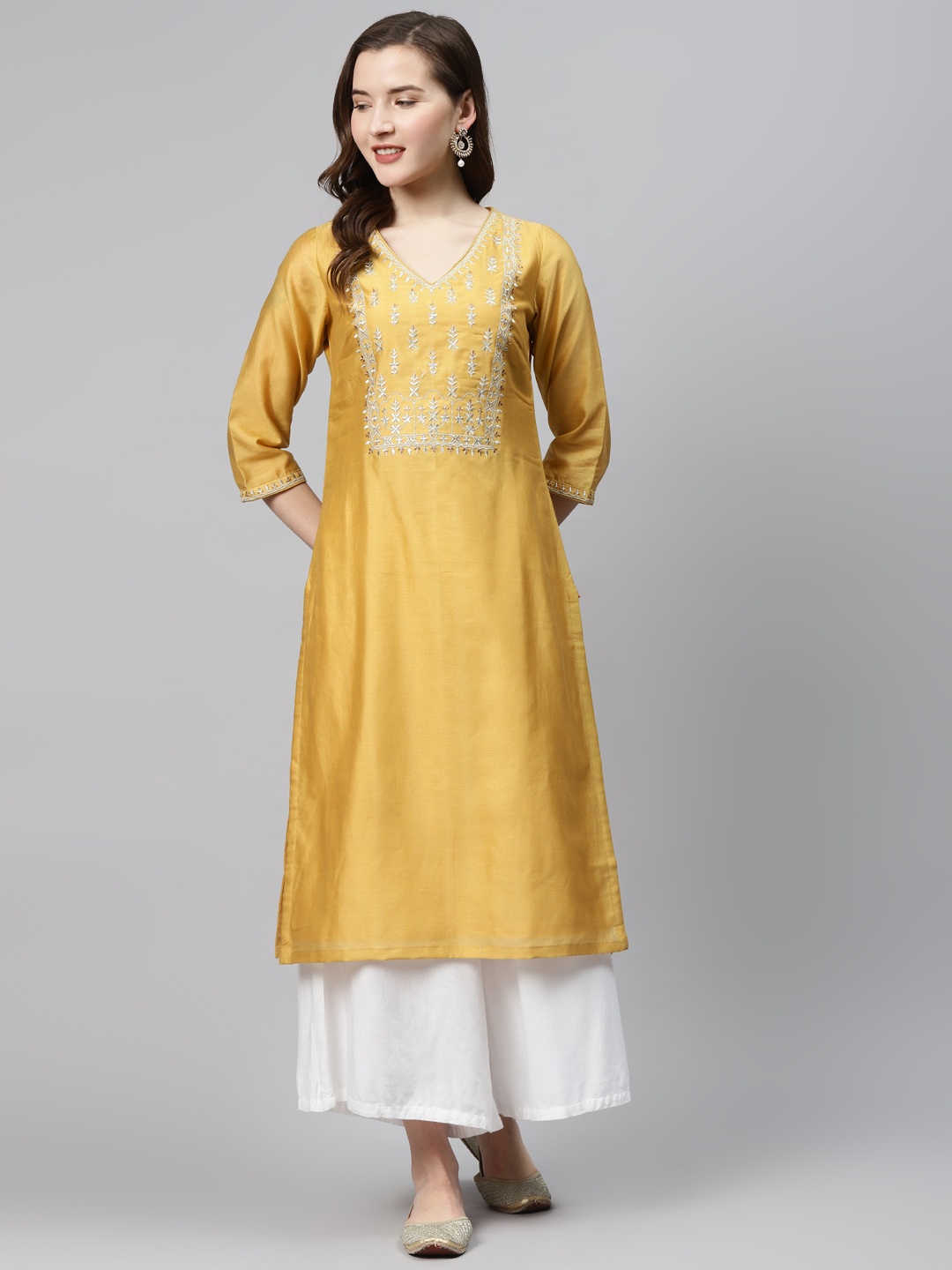 

Biba Women Mustard Yellow Tepchi Embroidered Yoke Design Straight Kurta