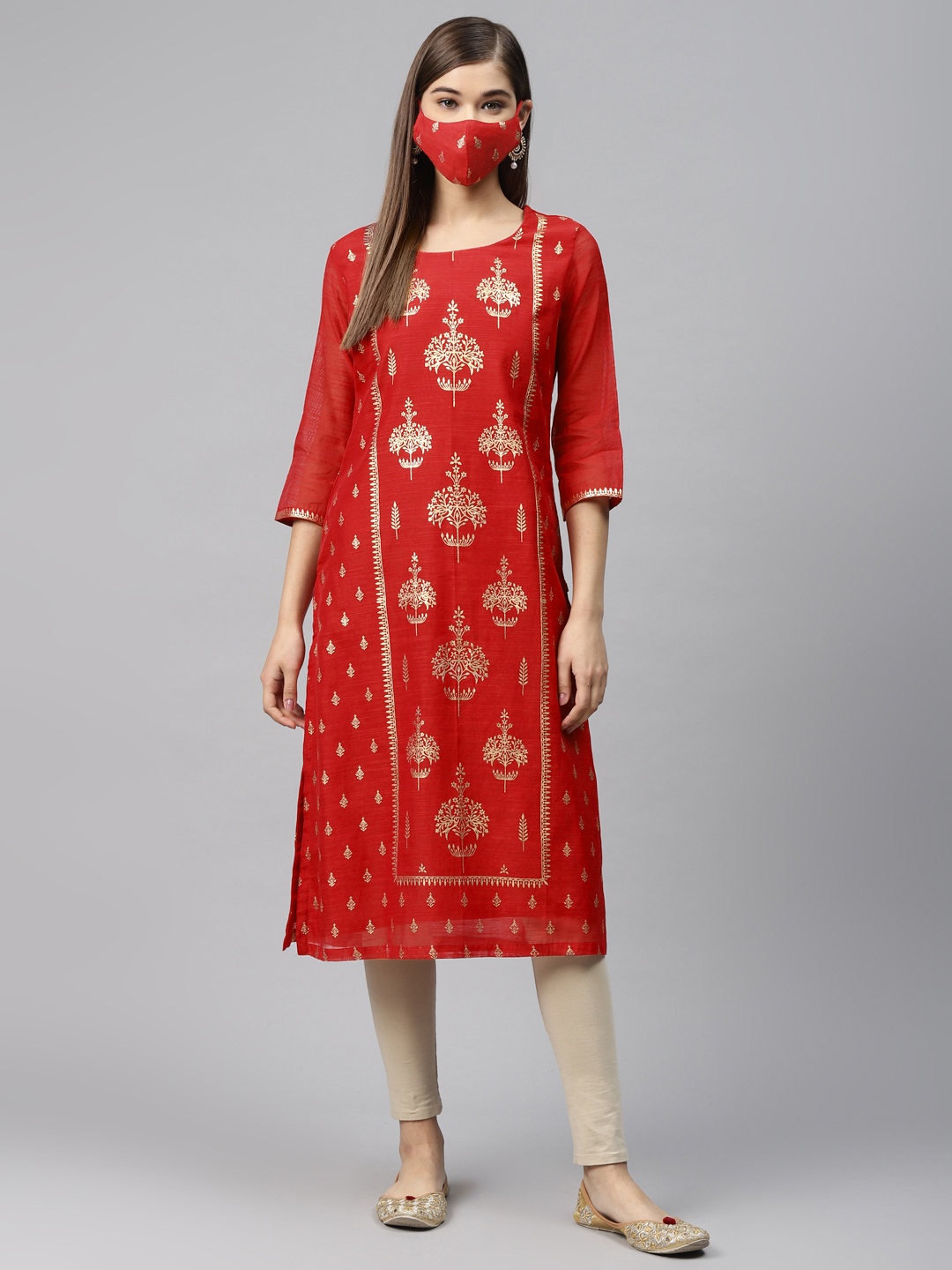 

Biba Women Red Golden Printed Straight Kurta