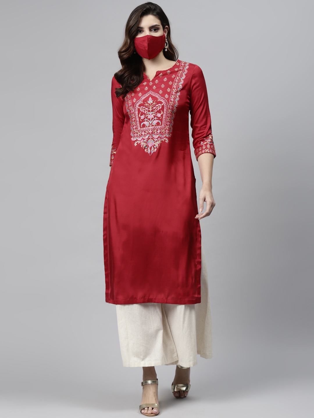 

Biba Women Maroon Golden Yoke Design Straight Kurta