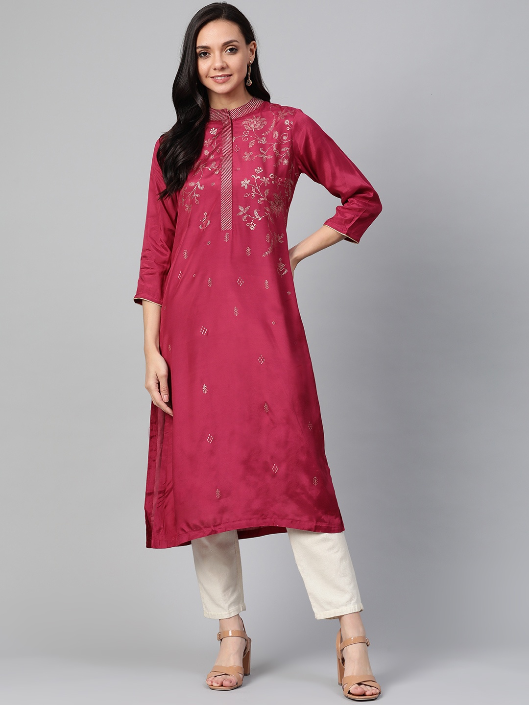 

Biba Women Magenta & Silver Floral Print Straight Kurta