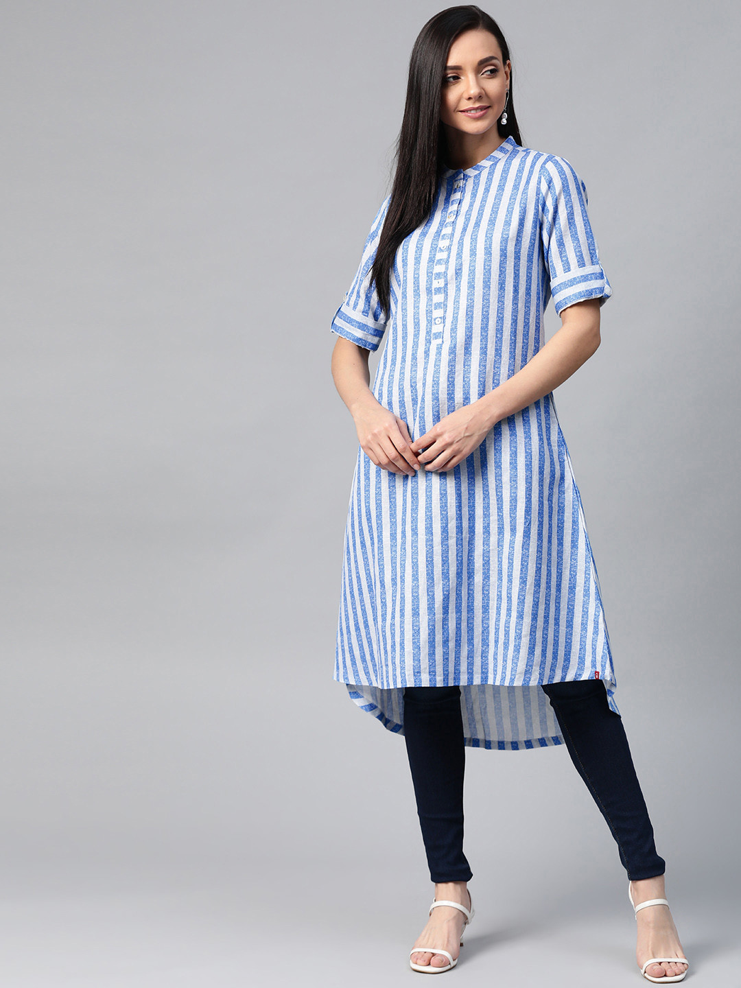 

Biba Women Blue & Grey Striped Straight Kurta
